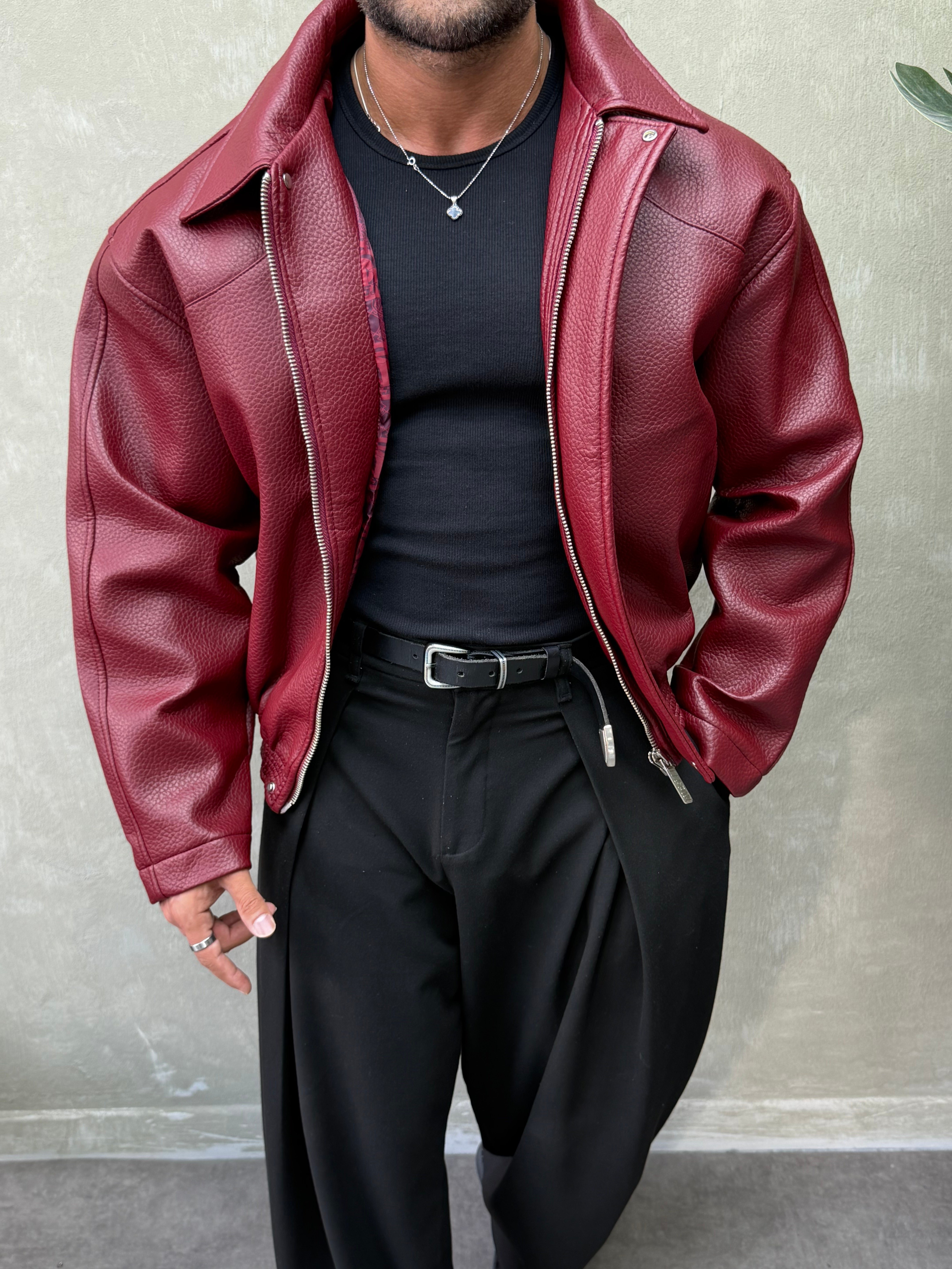 PREMIUM SERİ OVERSIZE YIKAMALI DERİ MONT BORDO