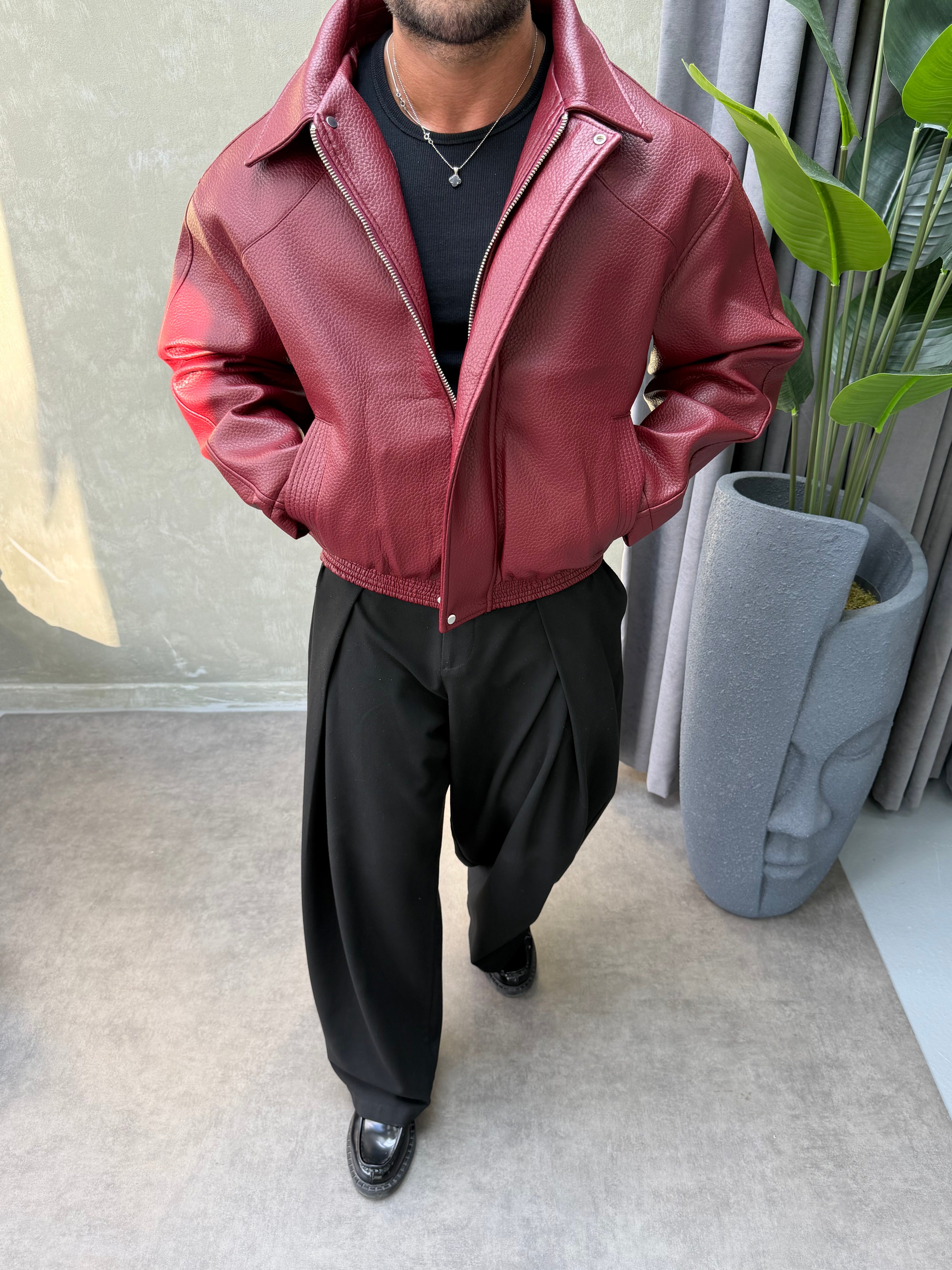 PREMIUM SERİ OVERSIZE YIKAMALI DERİ MONT BORDO