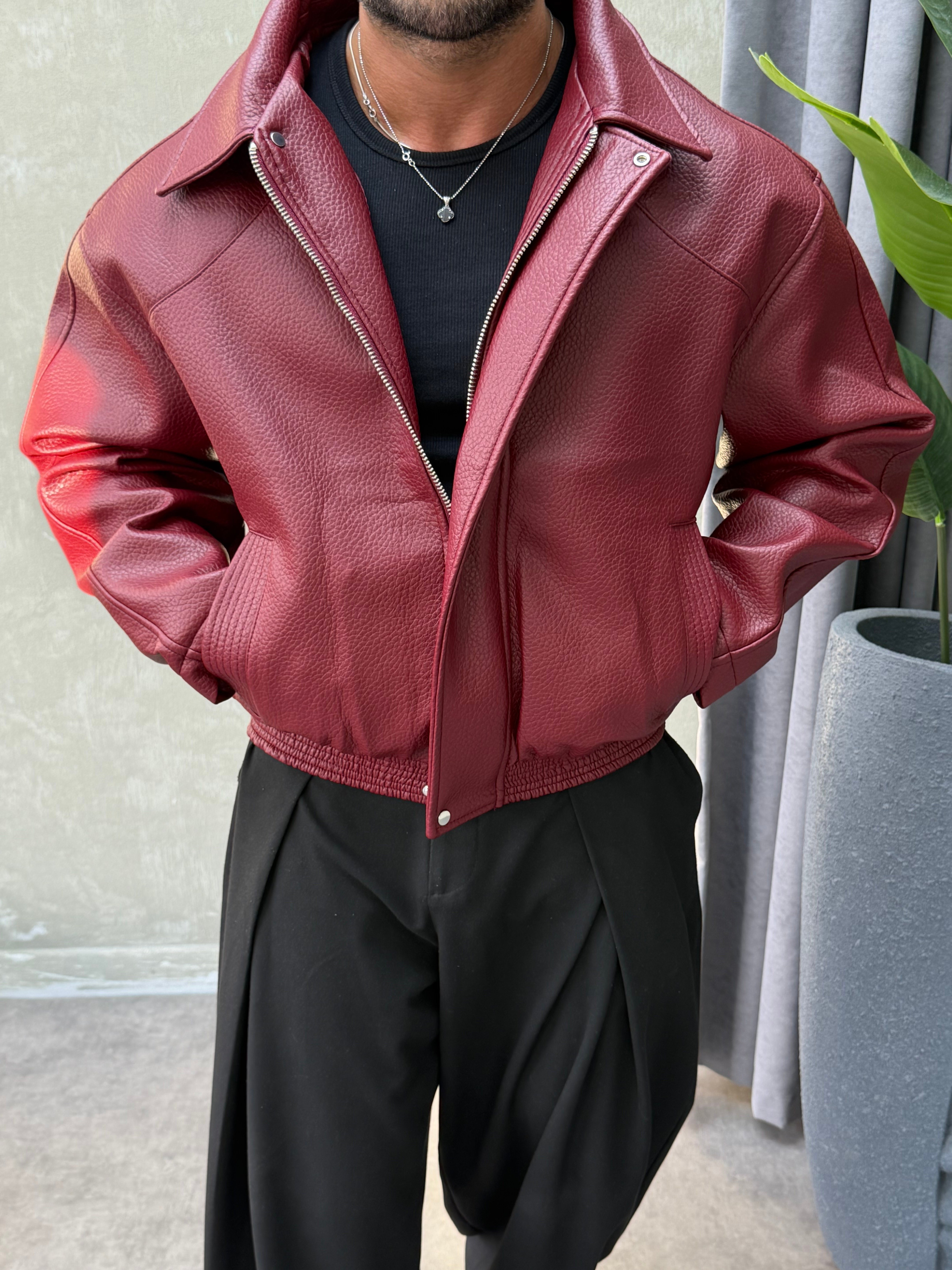 PREMIUM SERİ OVERSIZE YIKAMALI DERİ MONT BORDO