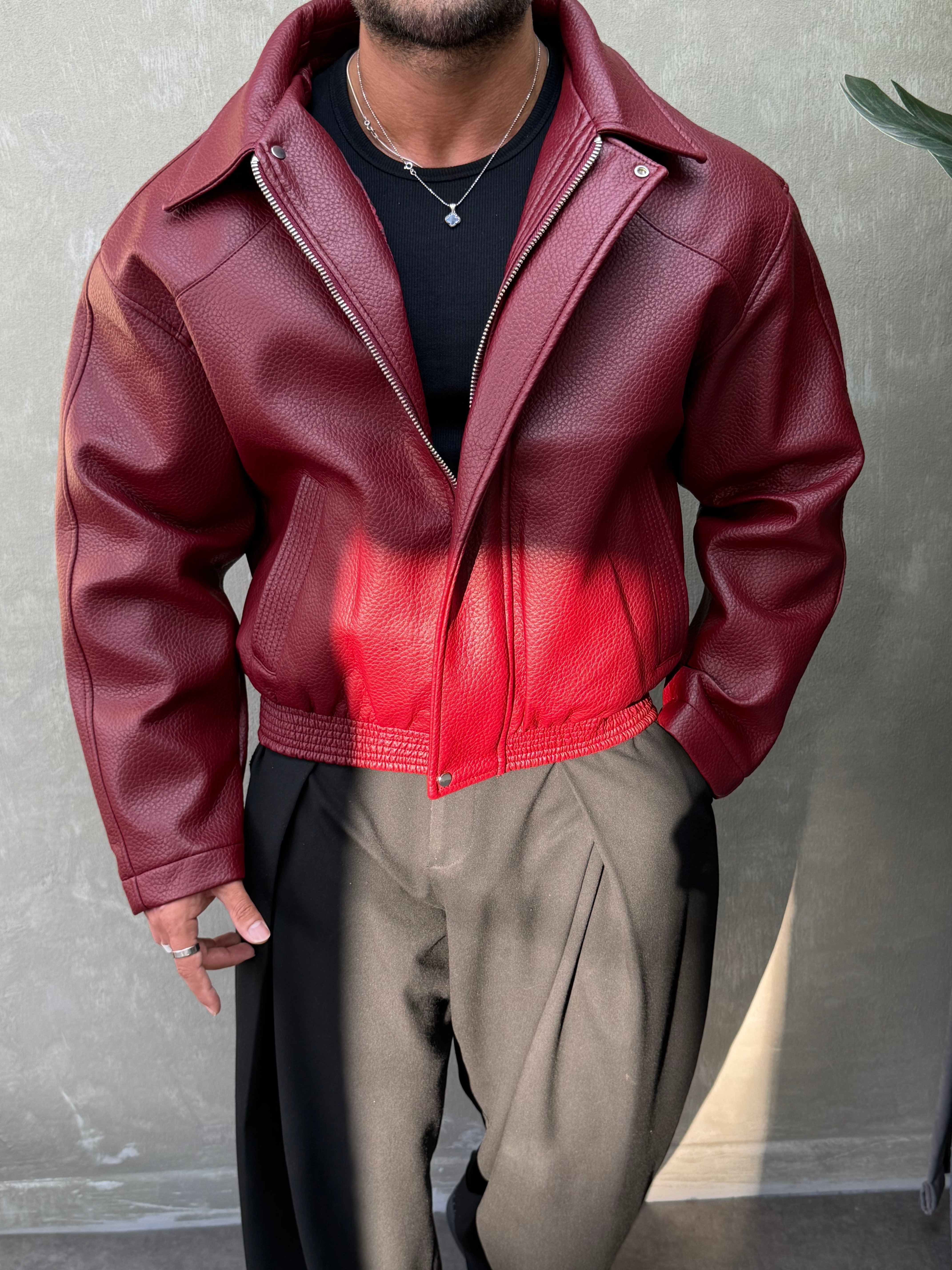 PREMIUM SERİ OVERSIZE YIKAMALI DERİ MONT BORDO