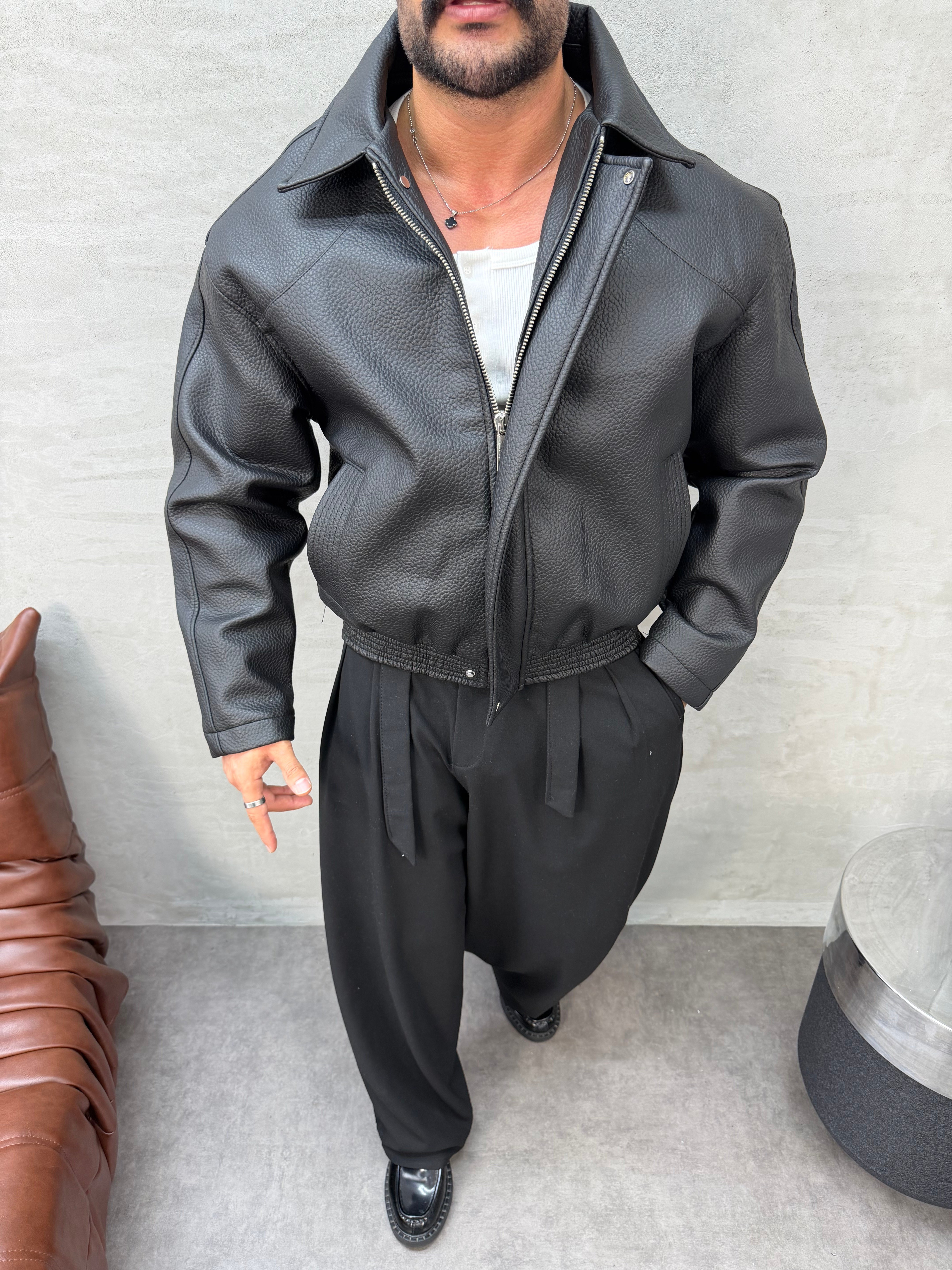 PREMIUM SERİ OVERSIZE YIKAMALI DERİ MONT SİYAH