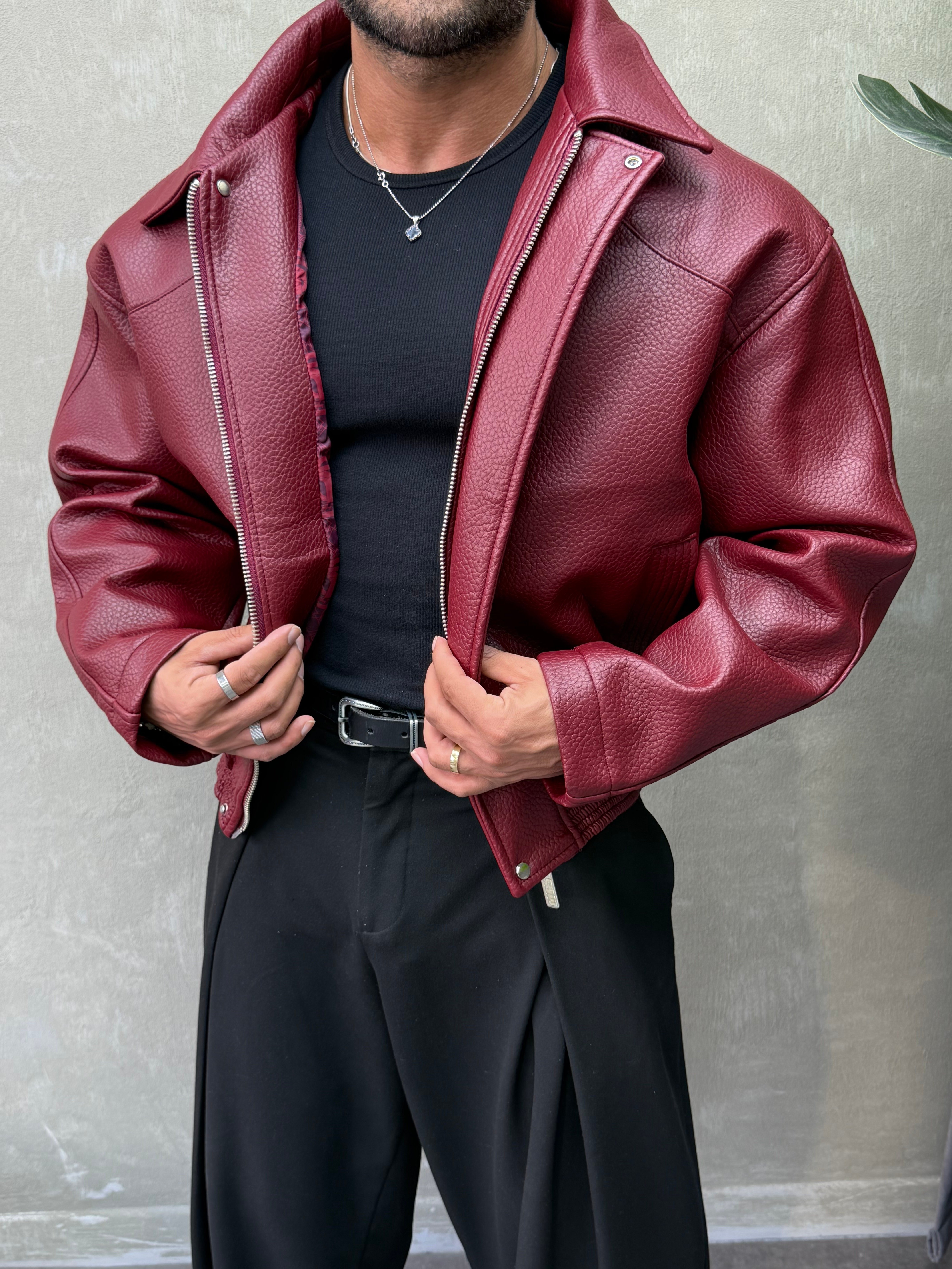 PREMIUM SERİ OVERSIZE YIKAMALI DERİ MONT BORDO