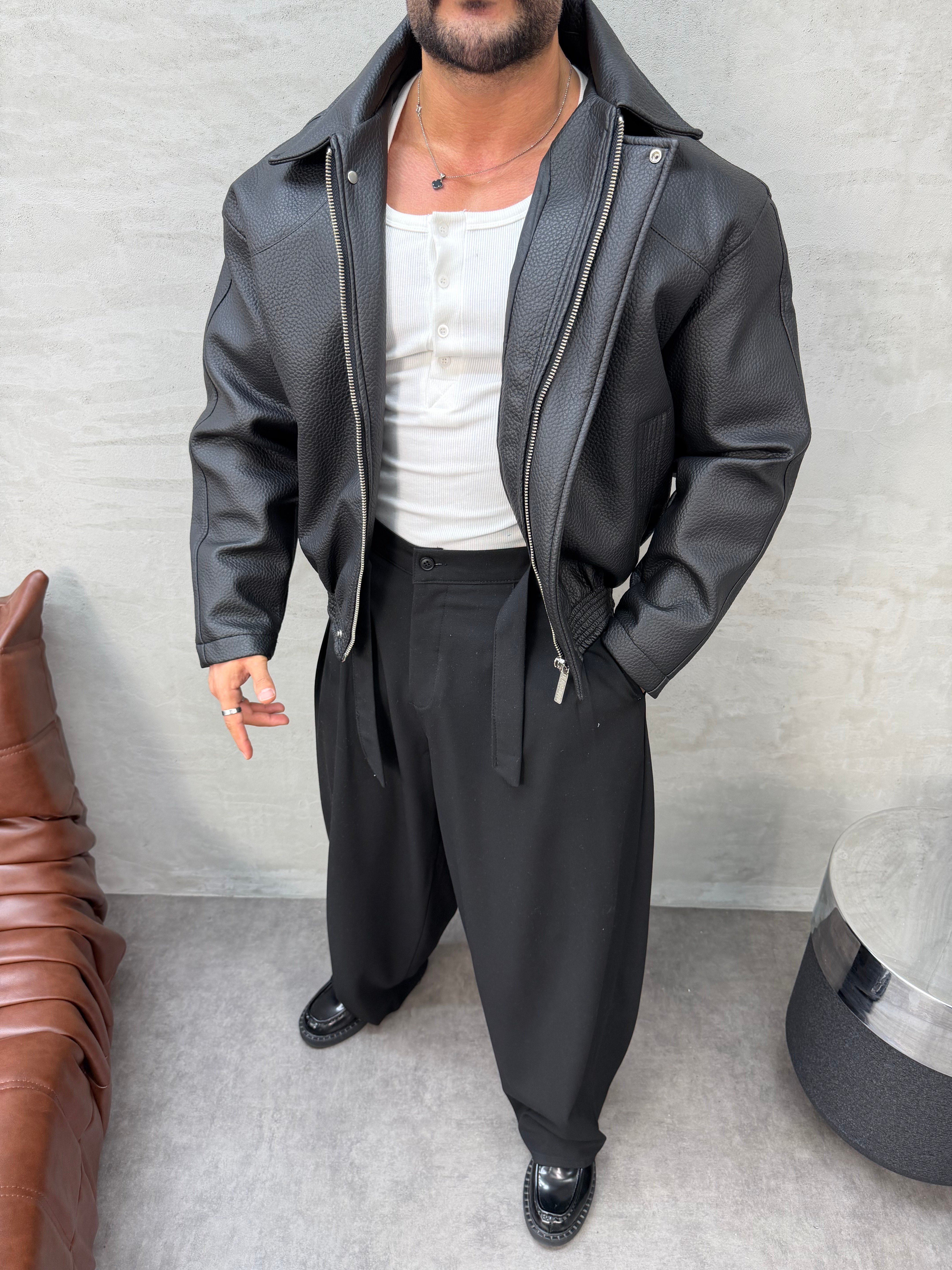 PREMIUM SERİ OVERSIZE YIKAMALI DERİ MONT SİYAH