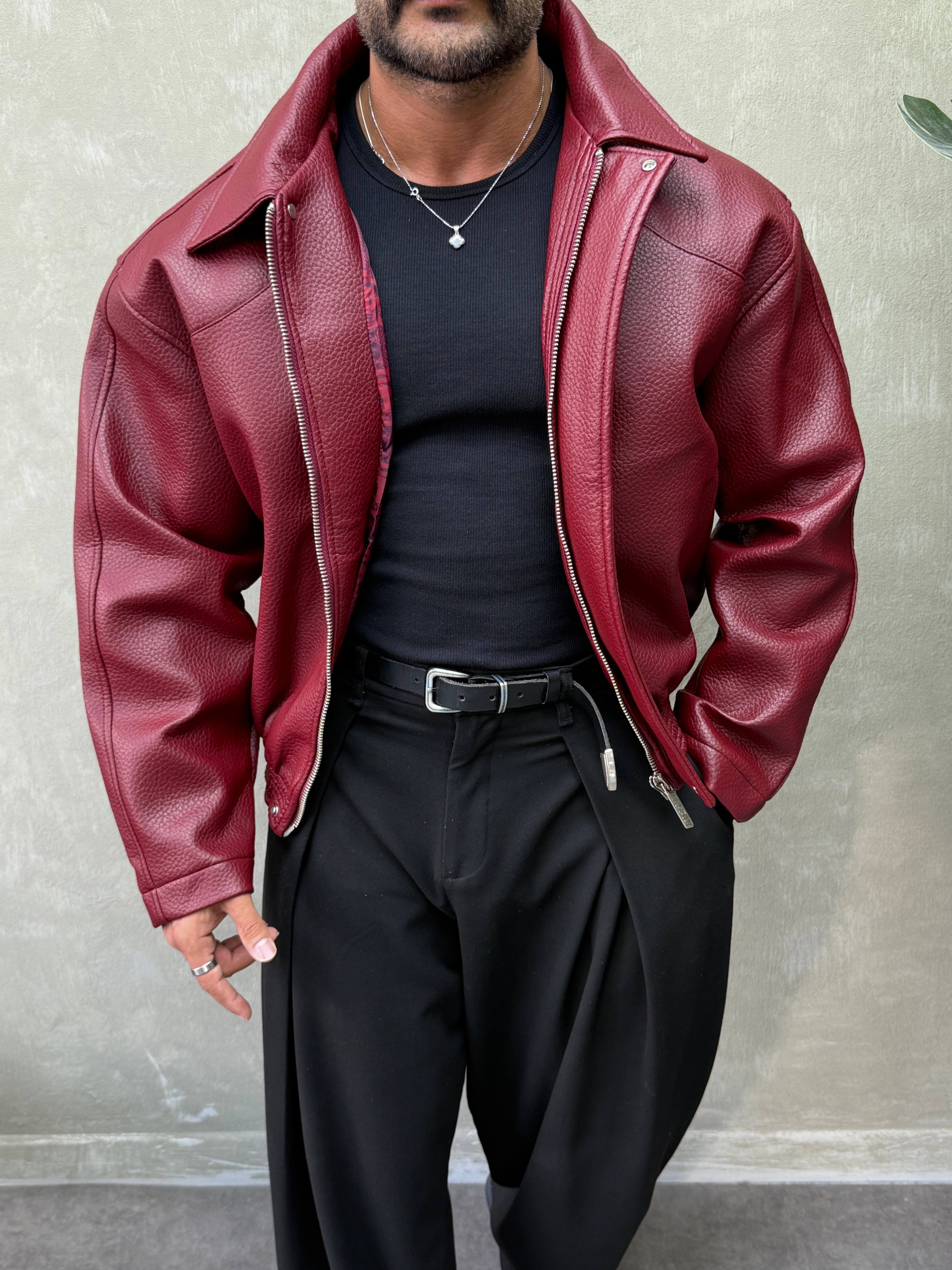 PREMIUM SERİ OVERSIZE YIKAMALI DERİ MONT BORDO