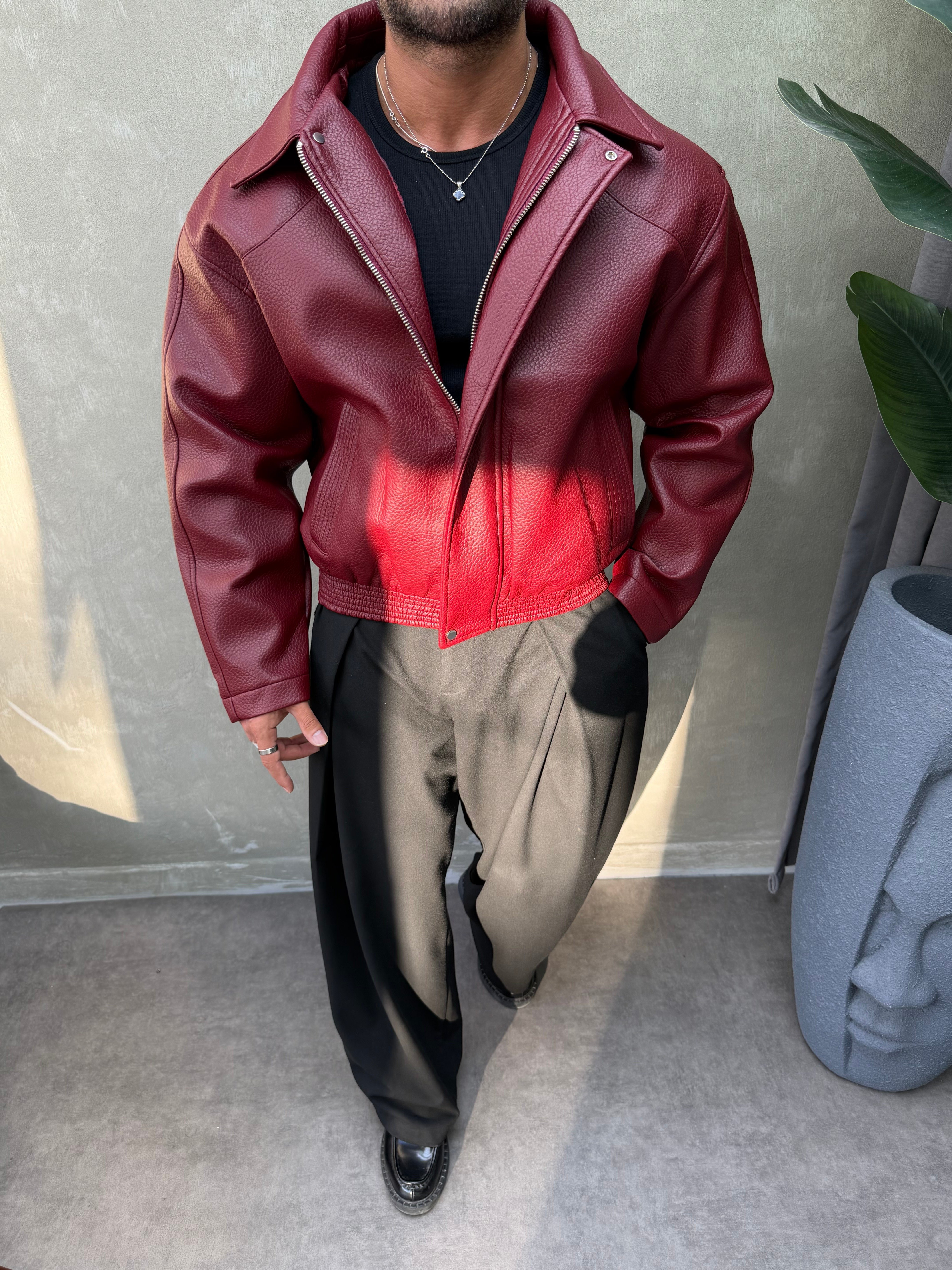 PREMIUM SERİ OVERSIZE YIKAMALI DERİ MONT BORDO