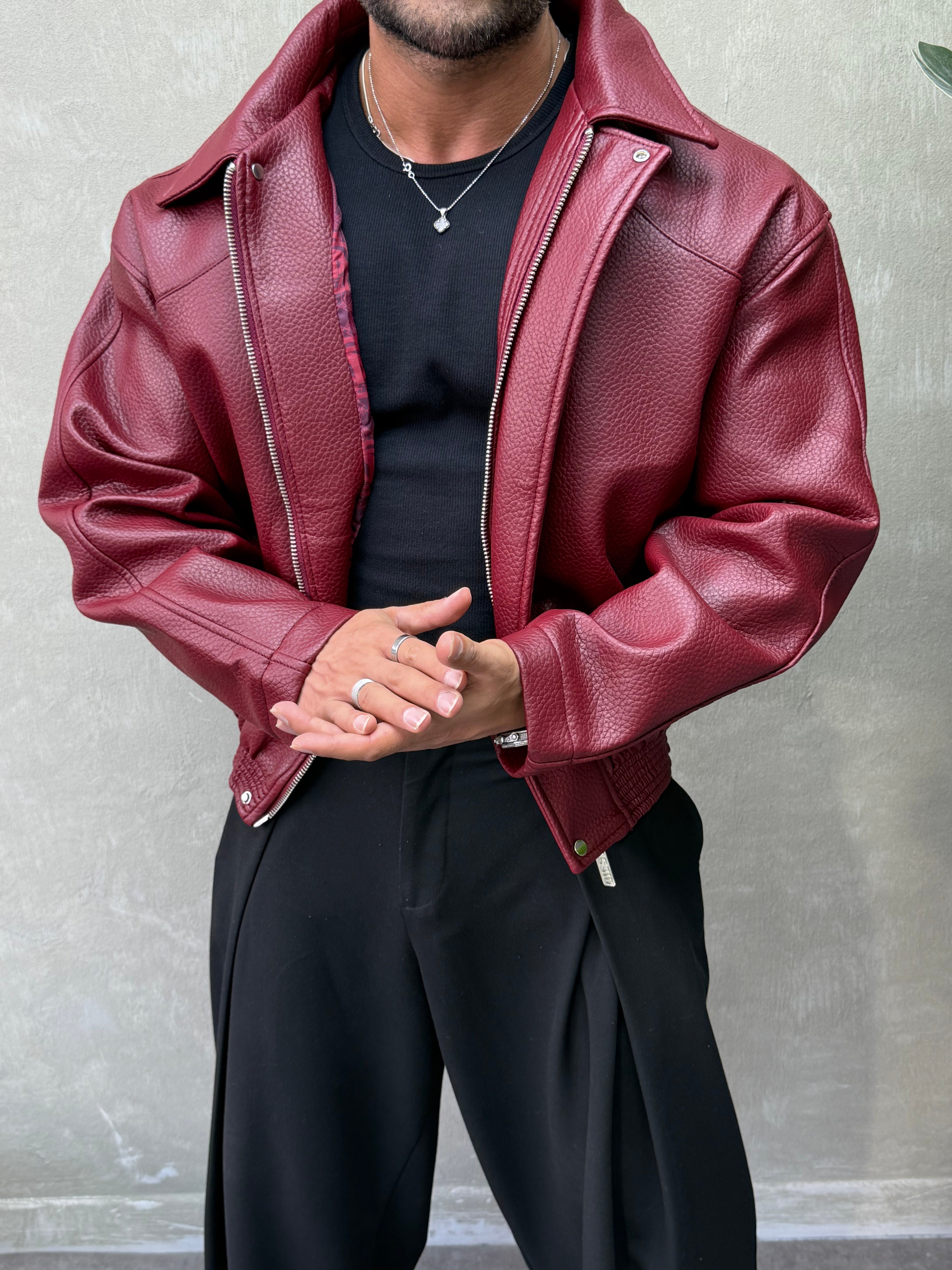 PREMIUM SERİ OVERSIZE YIKAMALI DERİ MONT BORDO