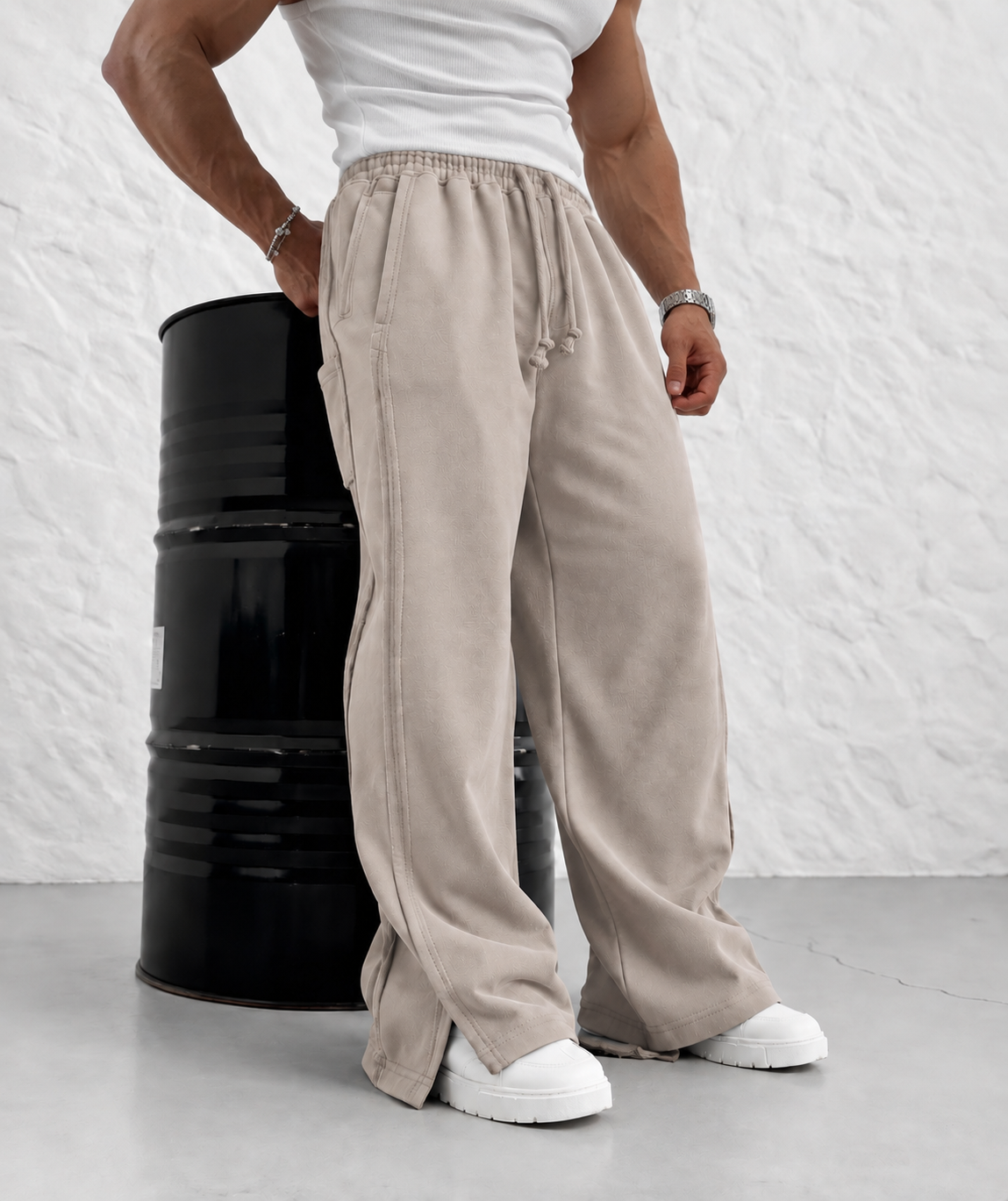 PREMIUM SERİ SUPER BAGGY YIRTMAÇLI EŞOFMAN BEJ