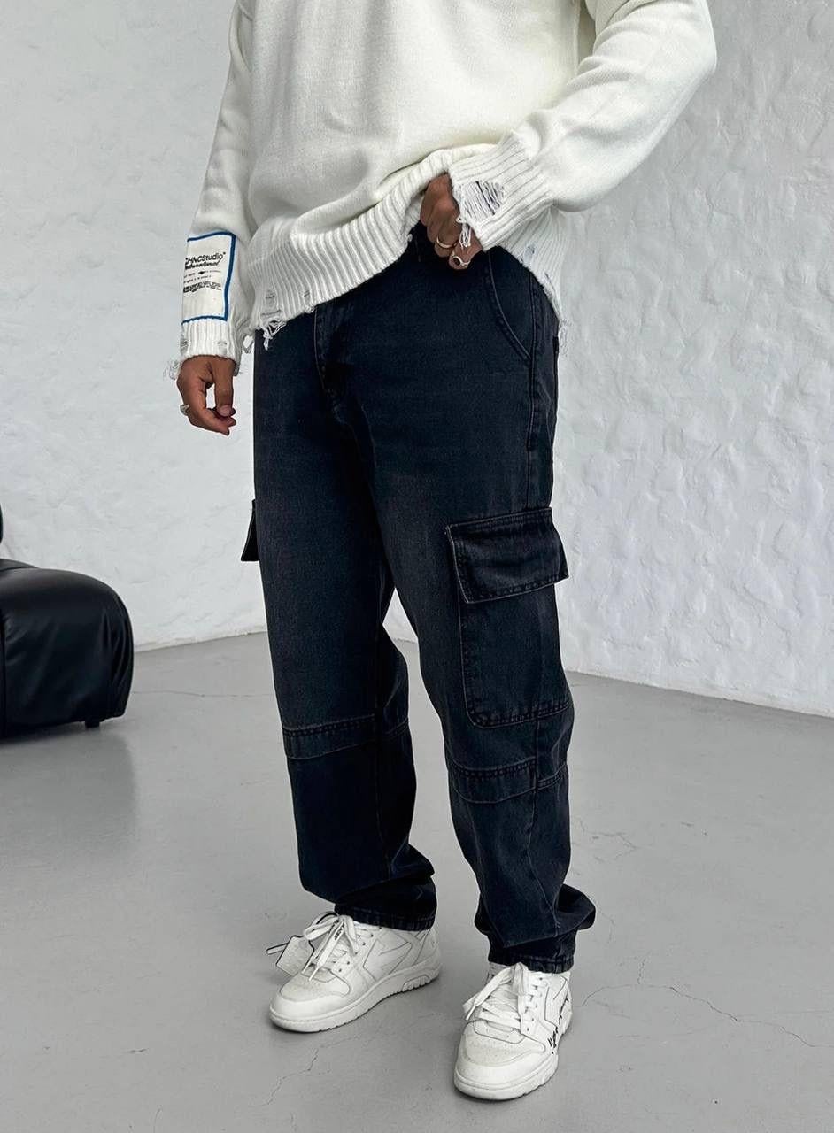 Siyah Baggy Kargo Cep Jeans