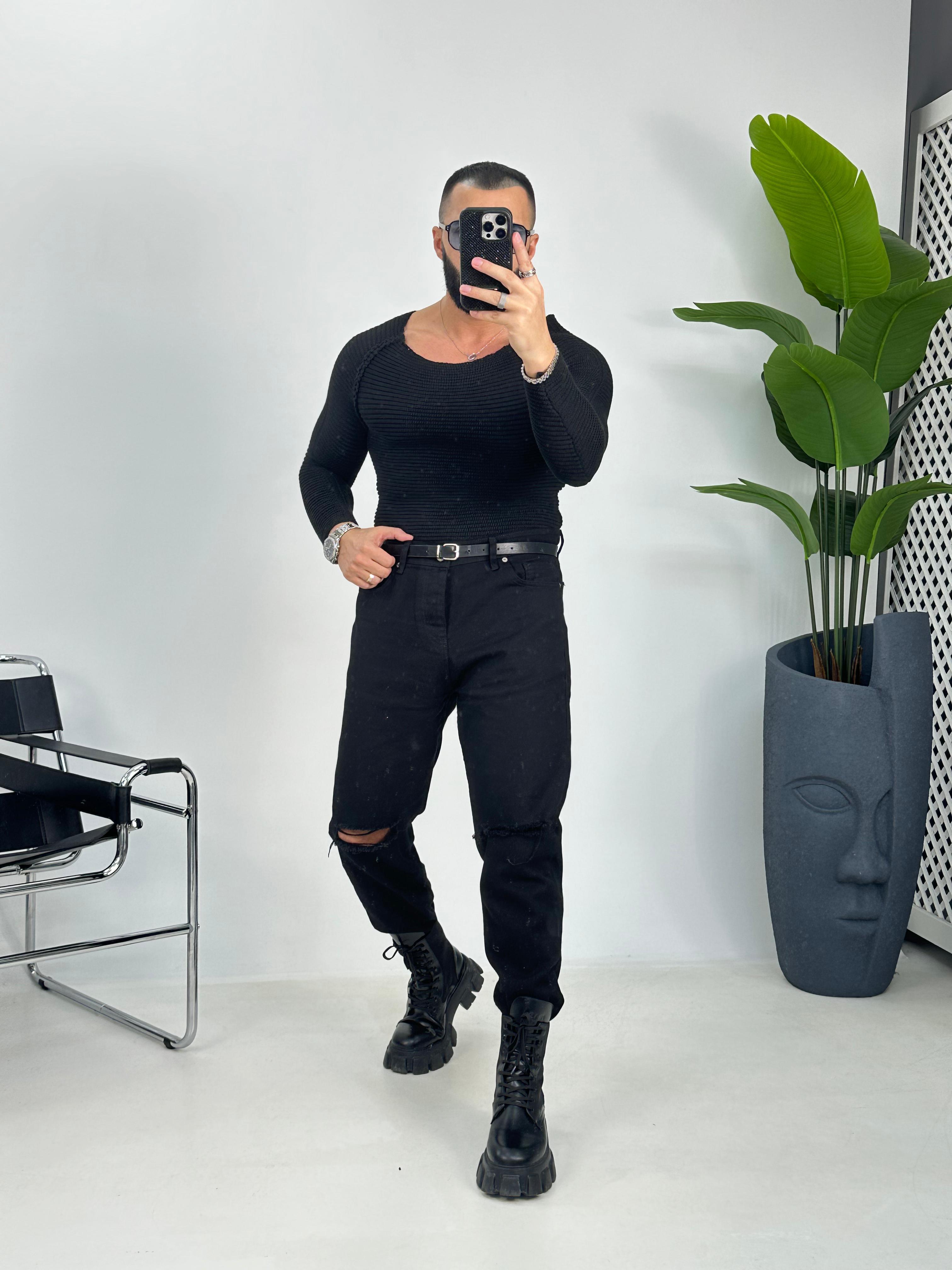 Siyah Slimfit Örme Kazak