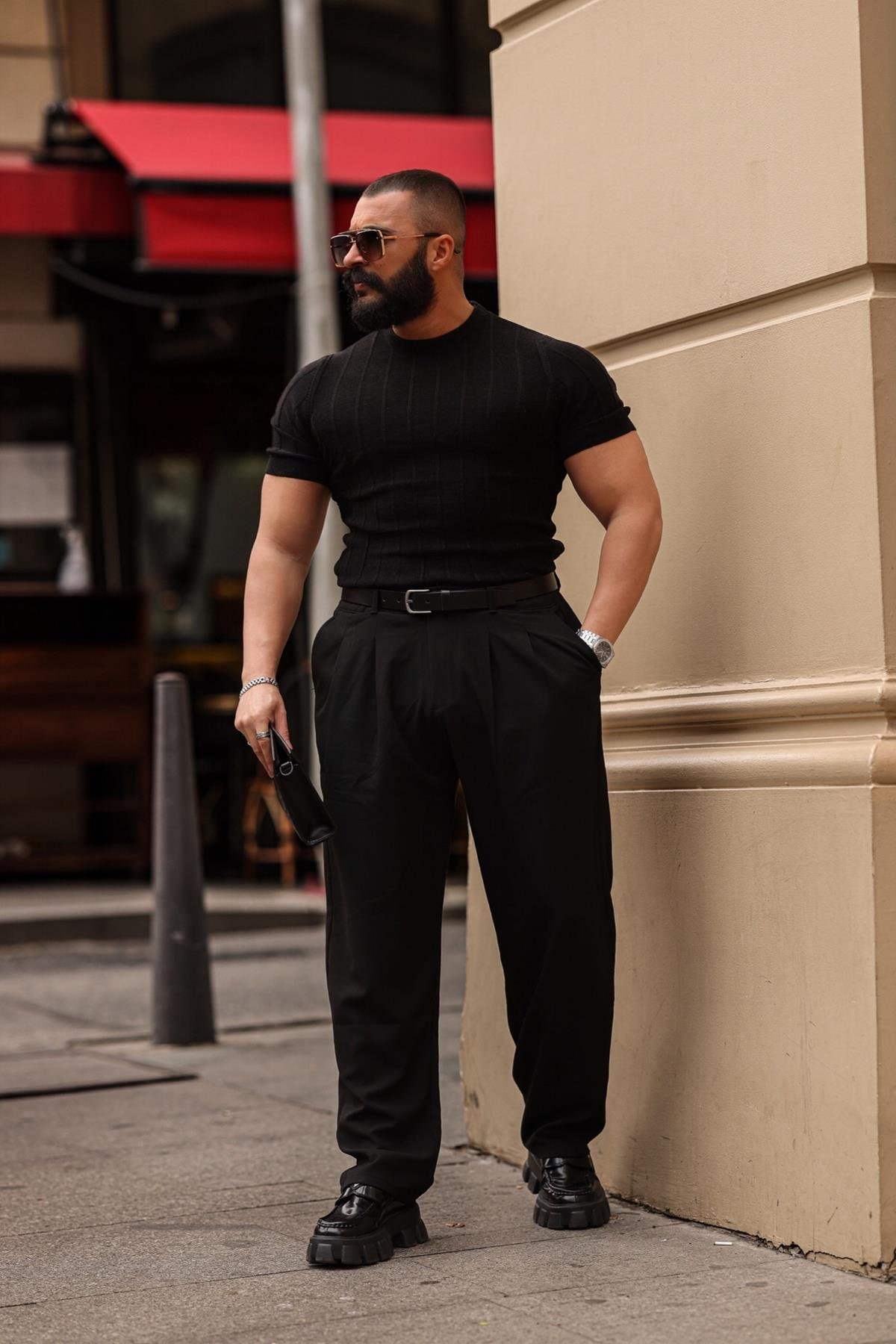 SLİM FİT FİTİLLİ SİYAH TRİKO