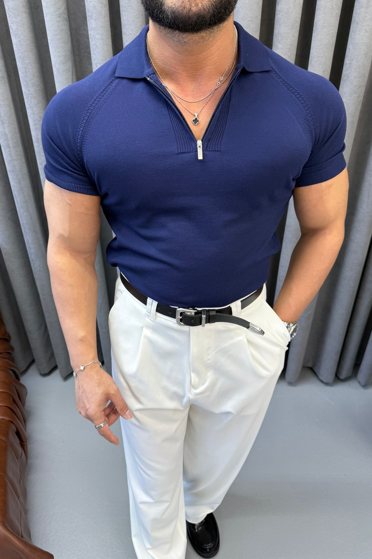 SLİMFİT REGLAN KOL FERMUARLI POLO YAKA LACİVERT