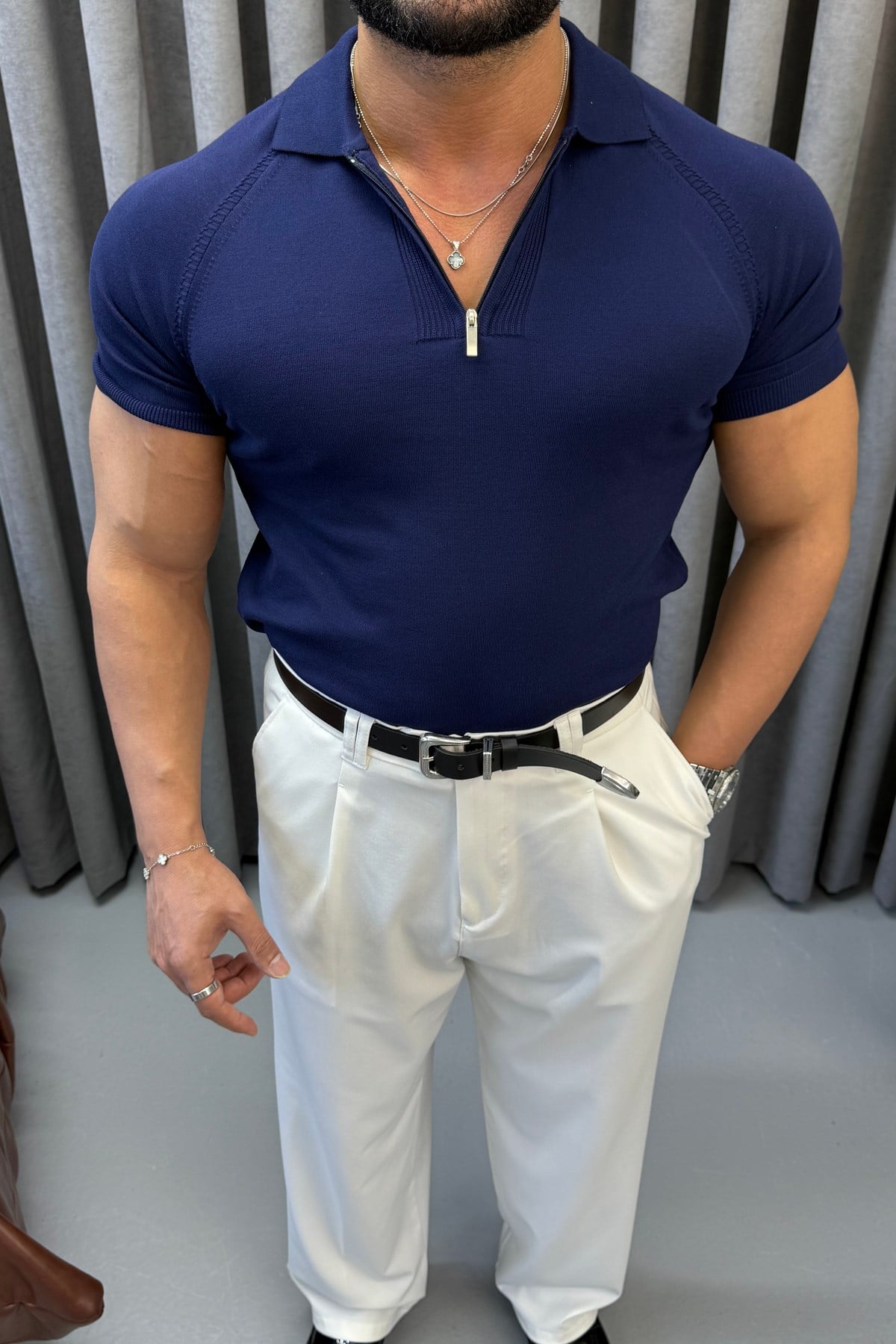 SLİMFİT REGLAN KOL FERMUARLI POLO YAKA LACİVERT