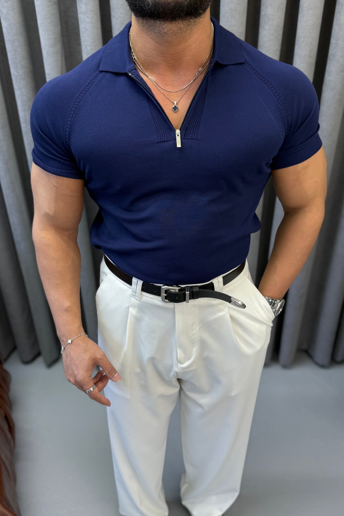 SLİMFİT REGLAN KOL FERMUARLI POLO YAKA LACİVERT