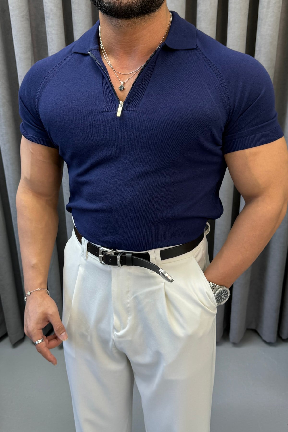 SLİMFİT REGLAN KOL FERMUARLI POLO YAKA LACİVERT