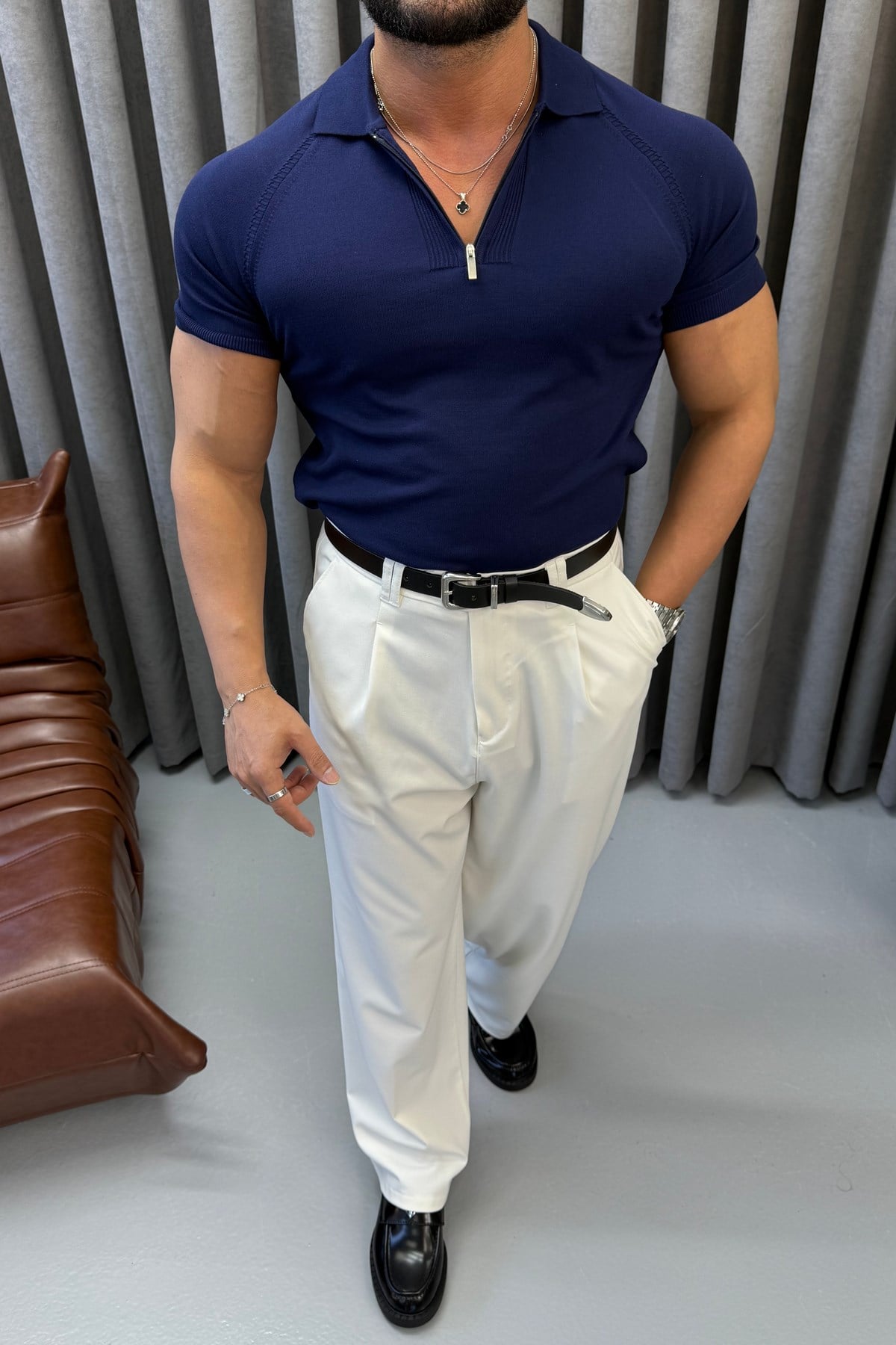 SLİMFİT REGLAN KOL FERMUARLI POLO YAKA LACİVERT