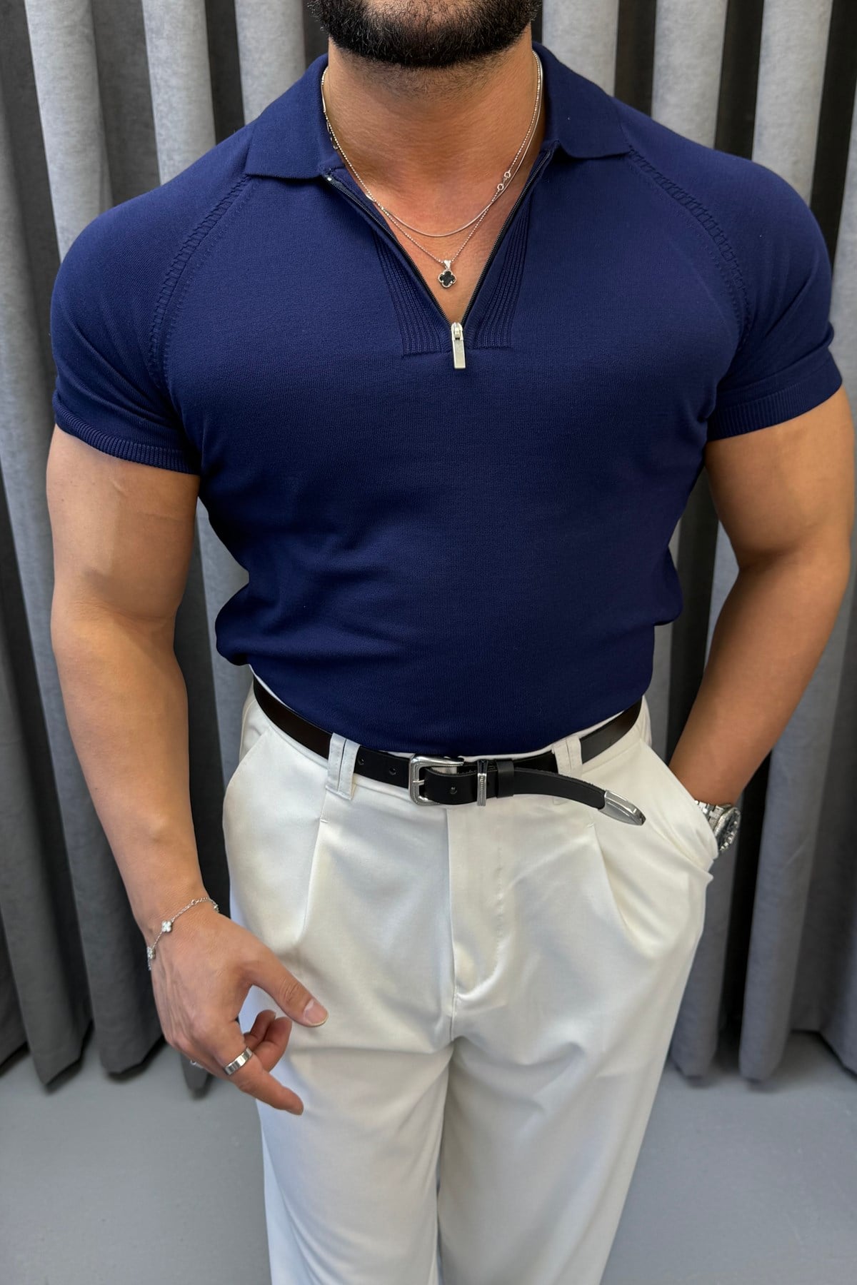 SLİMFİT REGLAN KOL FERMUARLI POLO YAKA LACİVERT