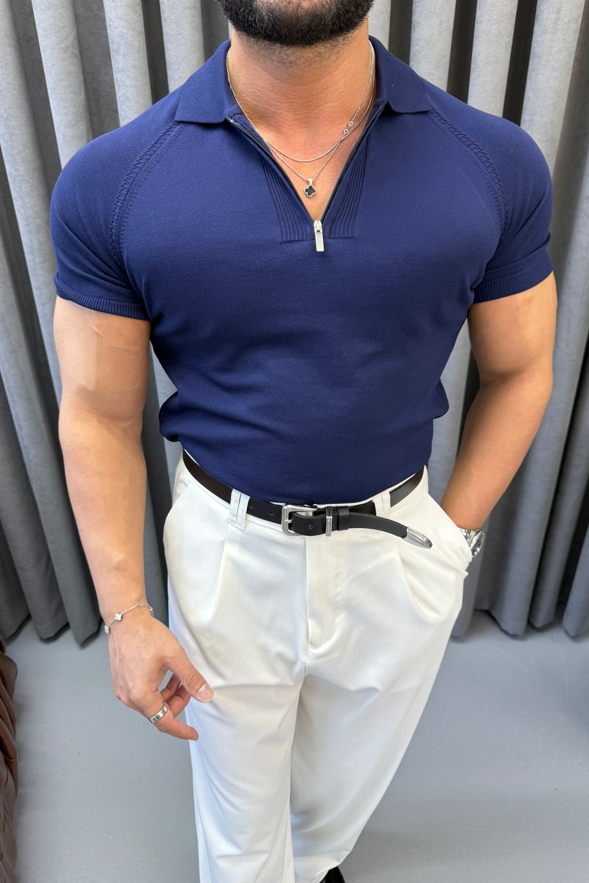 SLİMFİT REGLAN KOL FERMUARLI POLO YAKA LACİVERT