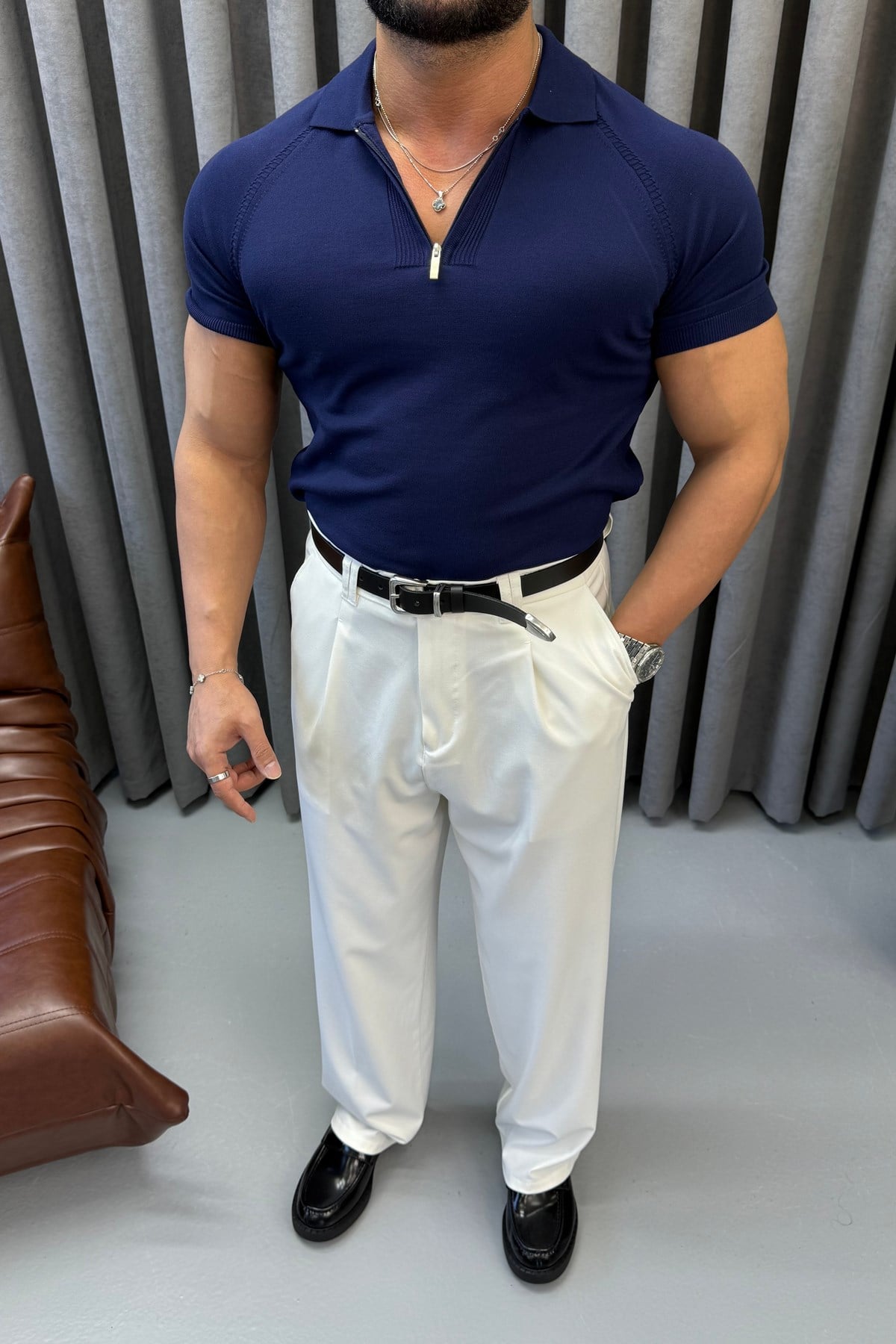 SLİMFİT REGLAN KOL FERMUARLI POLO YAKA LACİVERT
