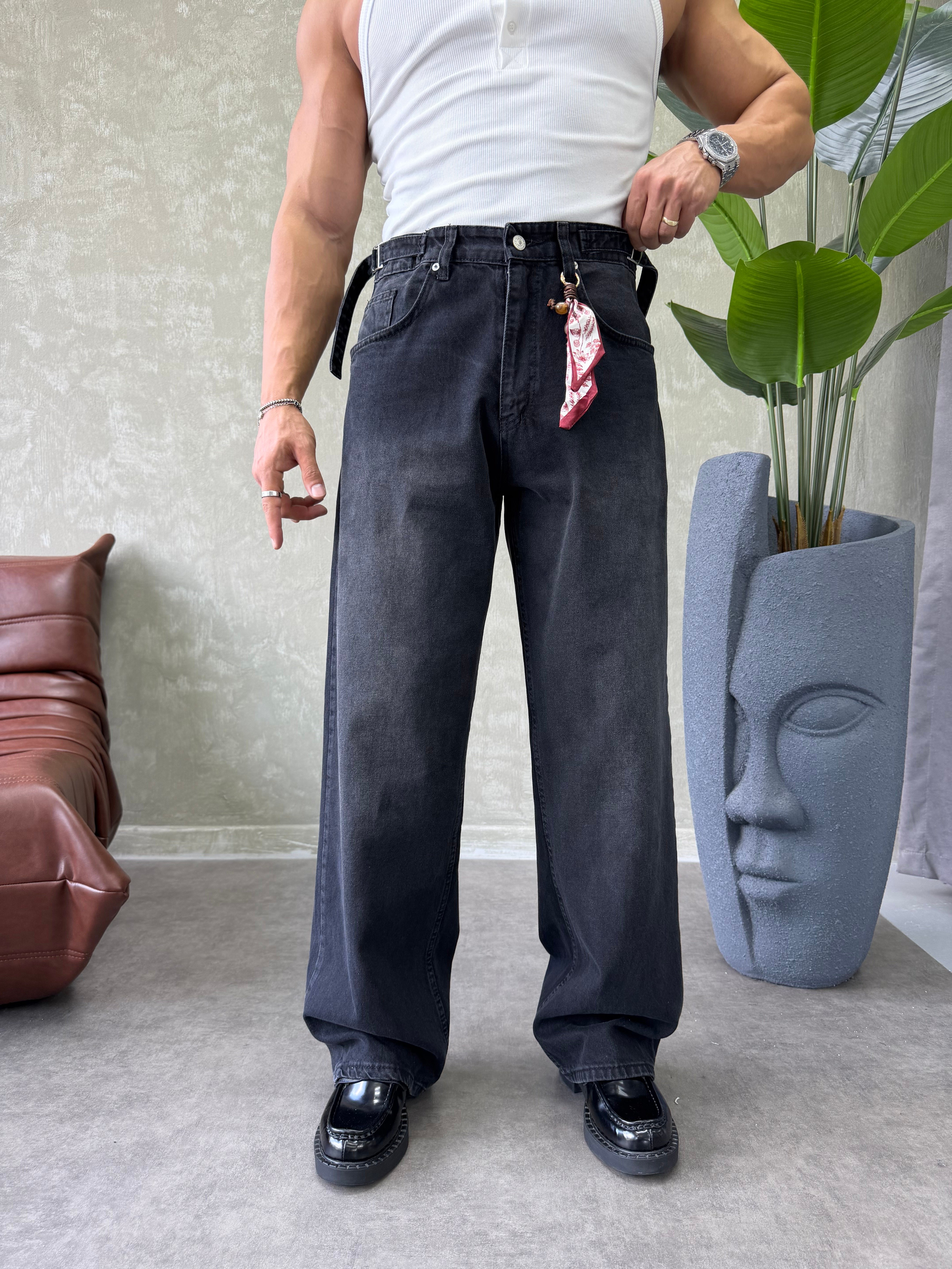TASARIM KEMER DETAYLI BAGGY JEAN SİYAH