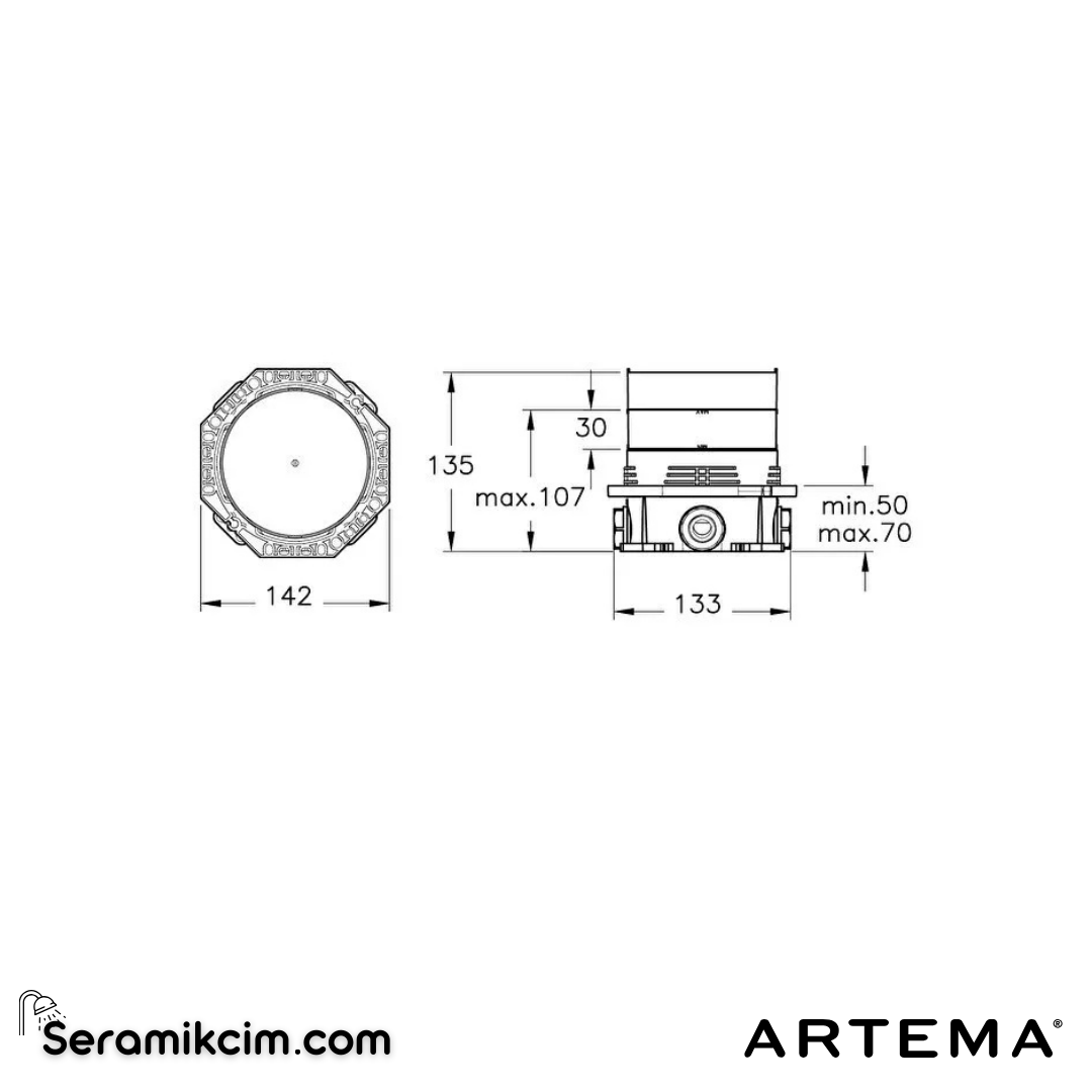 Artema Aquaheat Aquacontrol Round Ankastre Termostatik Duş Seti (Bliss 2F, Bliss 3F) (A42718, A42806, A45742, A45652, A45736STA, A43126) Krom A49293 - A49293