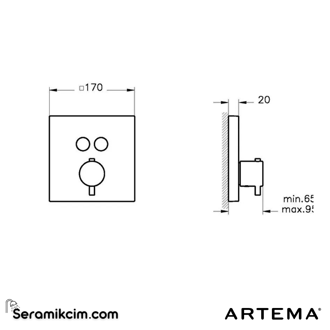 Artema Aquaheat Aquacontrol Square Ankastre Termostatik Duş Seti (Bliss 2F, Bliss 3F) (A42746, A42806, A45792, A45652, A45736STA, A43131) Krom A49294 - A49294
