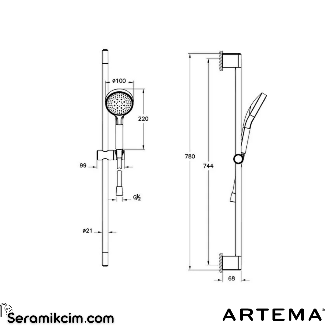 Artema Base Round Sürgülü El Duşu 1 Fonksiyonlu 100mm Krom A45909