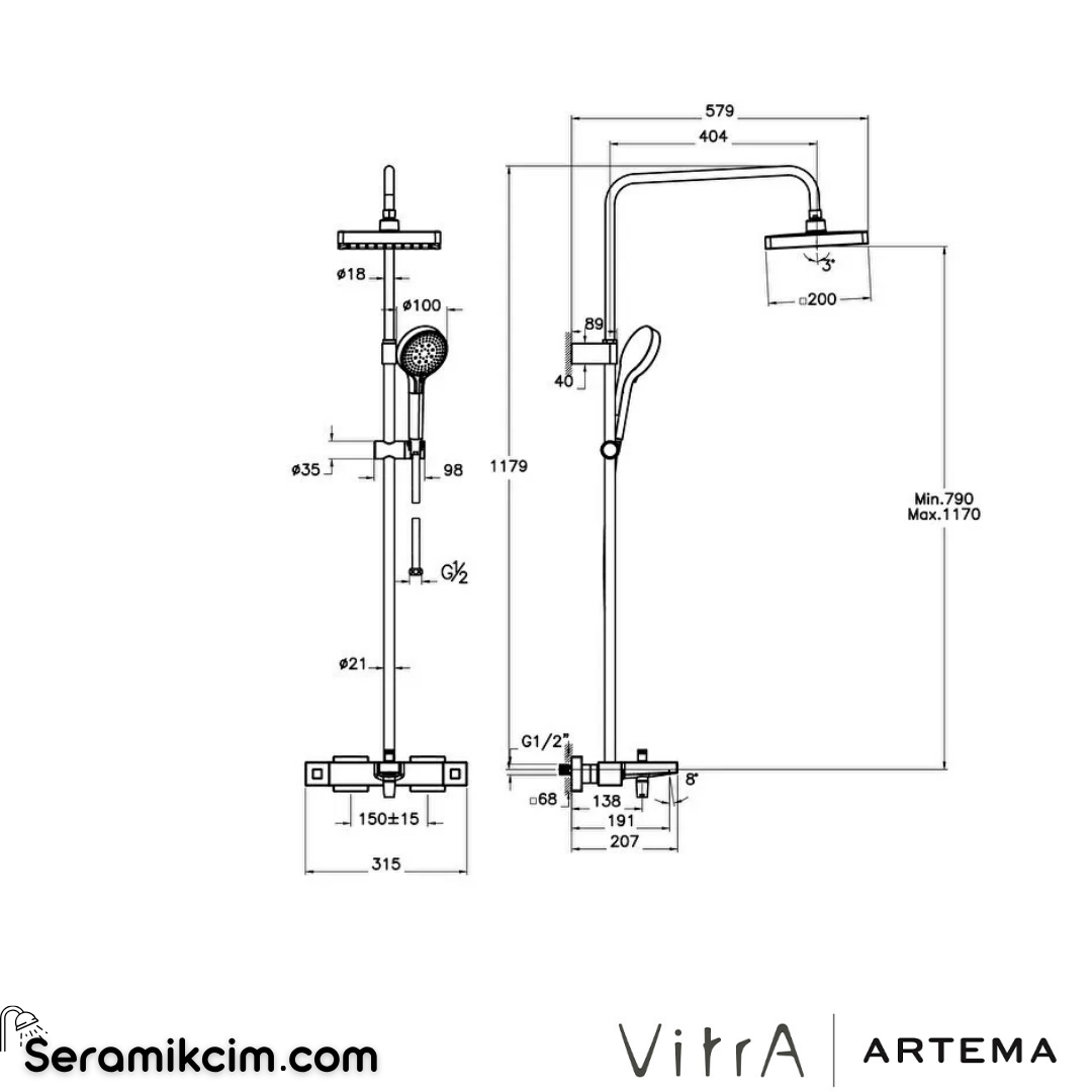 Artema Base Square 200 B Duş Sistemi Krom A47304