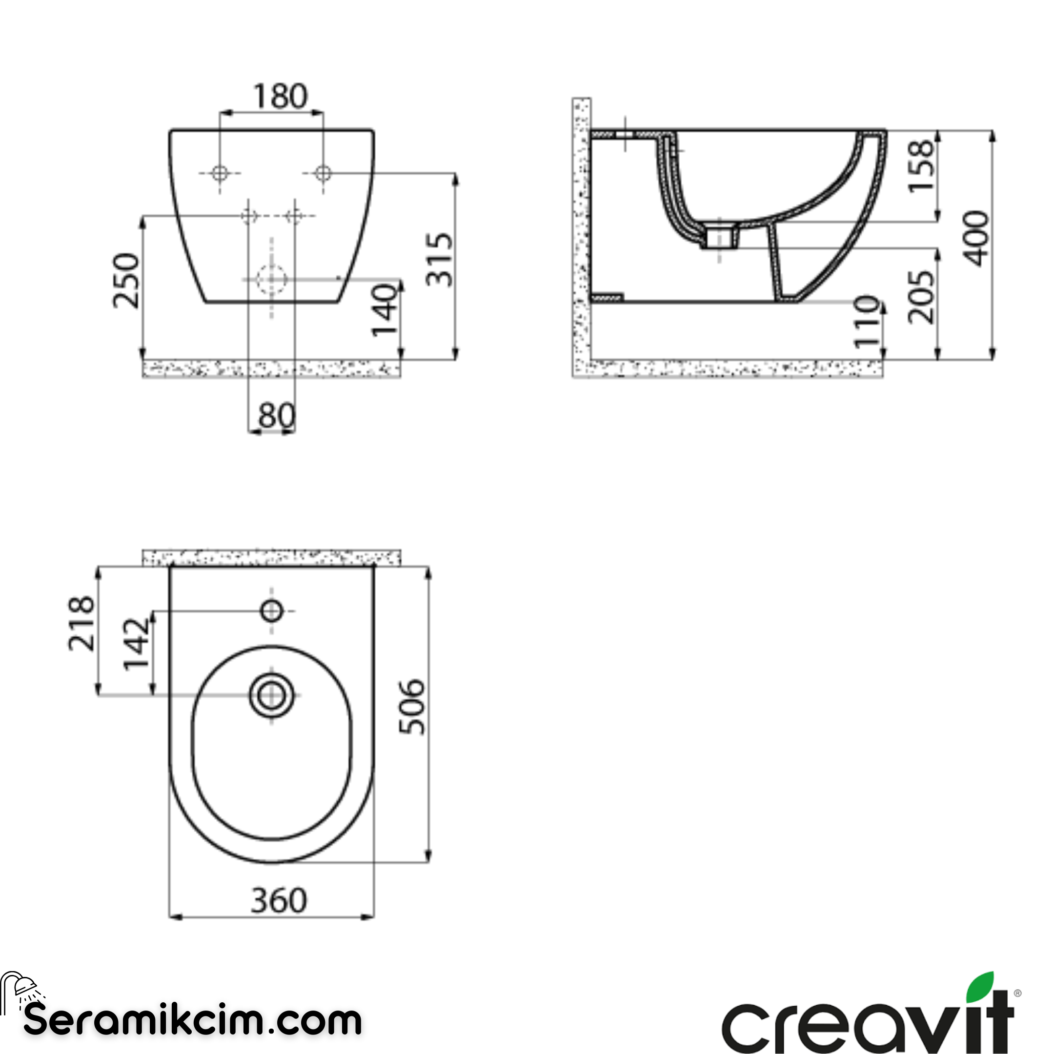 Creavit Free Asma Bide Extra Mat Antrasit  FE510-00AM00E-0000