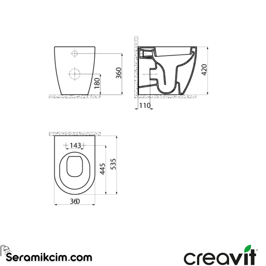 Creavit Free Duvara Dayalı Tek Klozet Delikli Extra Beyaz FE350-00CB00E-0000