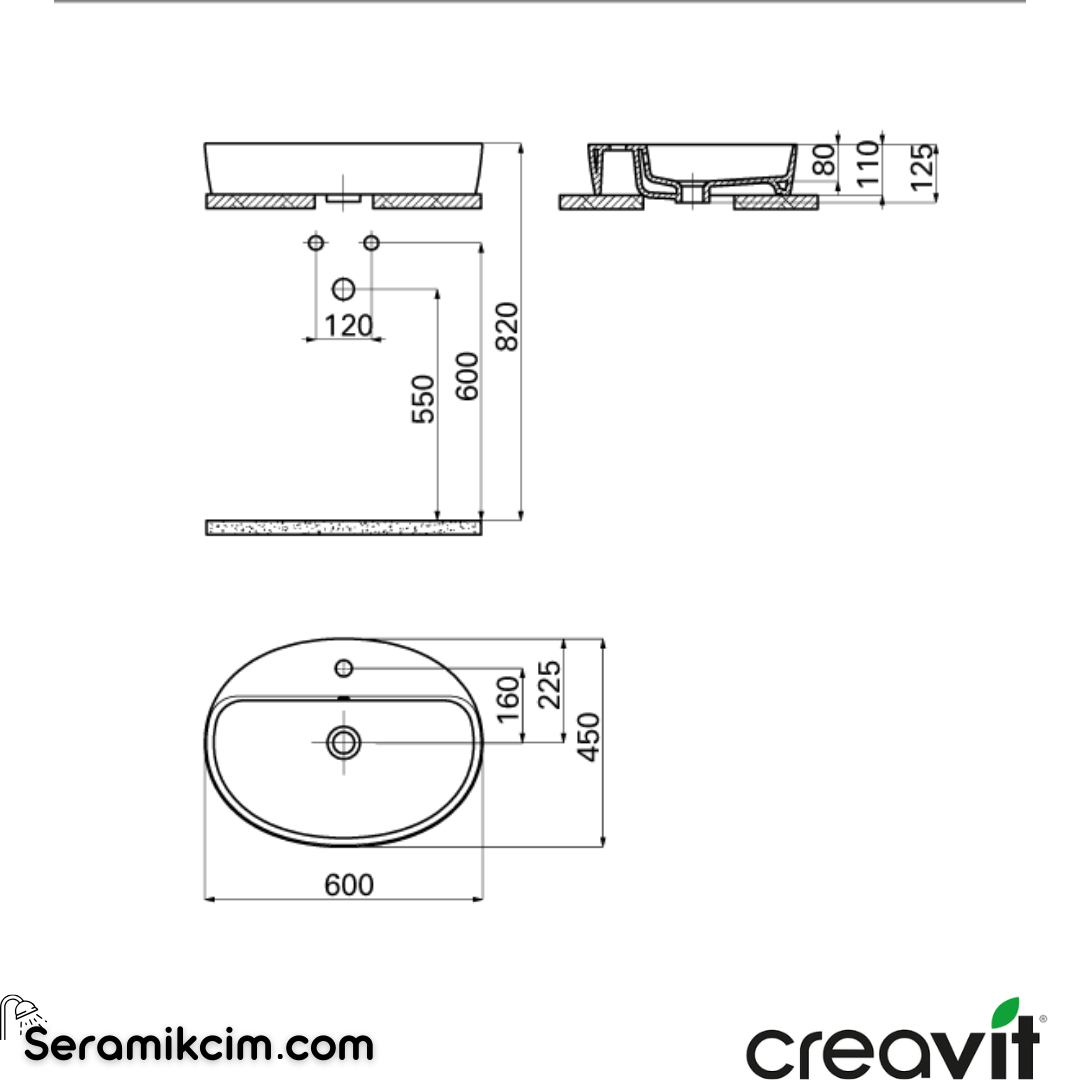 Creavit LOOP 60cm MasaÜstü Oval İnce Lavabo Extra Beyaz LP161-00CB00E-0000