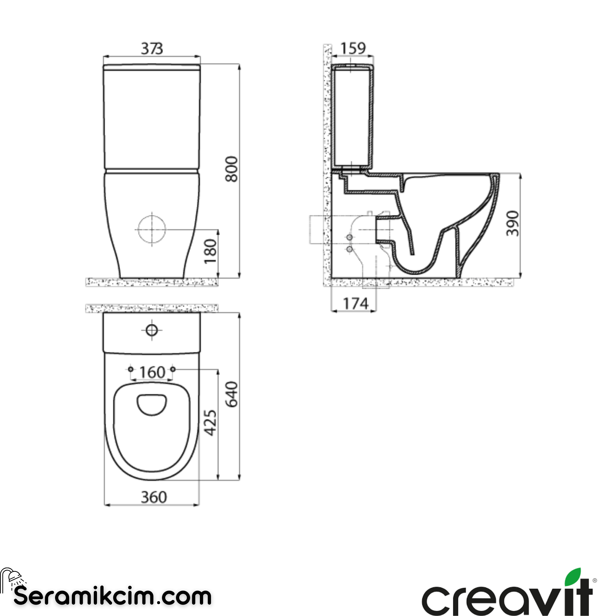 Creavit Mare Rim-Off Klozet Yandan Delikli Extra Beyaz MA361-00CB00E-0000
