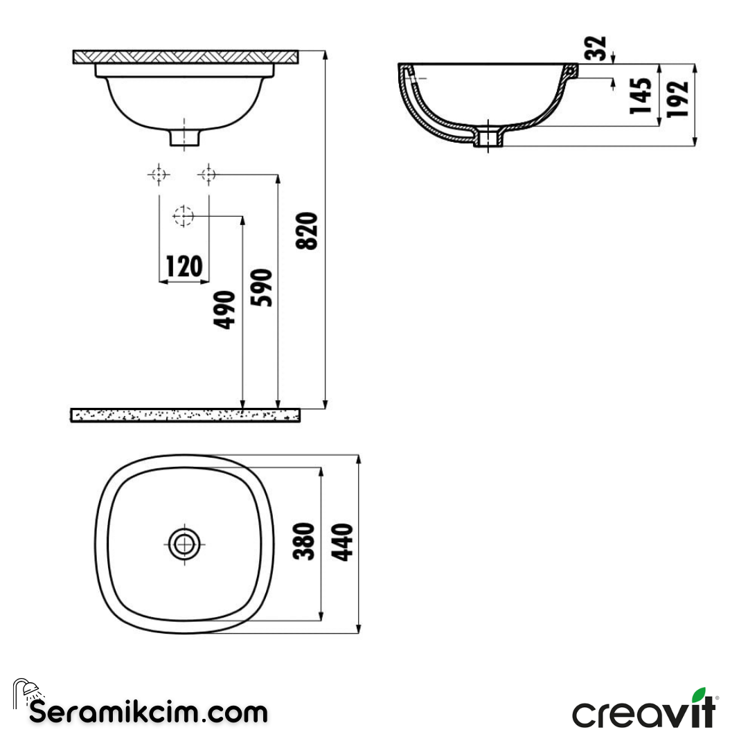 Creavit Solo Tezgah Altı Lavabo 38x38cm Extra Beyaz SO037-00CB00E-0000 - SO037-00CB00E-0000