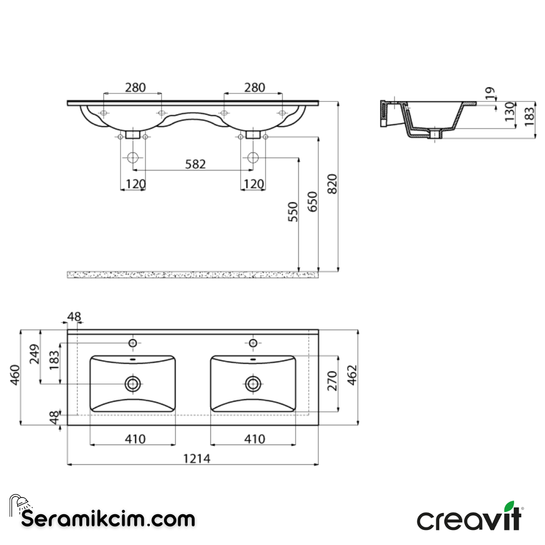 Creavit Su Etajerli Çiftli Lavabo 121cm Extra Beyaz SU121-00CB00E-0000 - SU121-00CB00E-0000