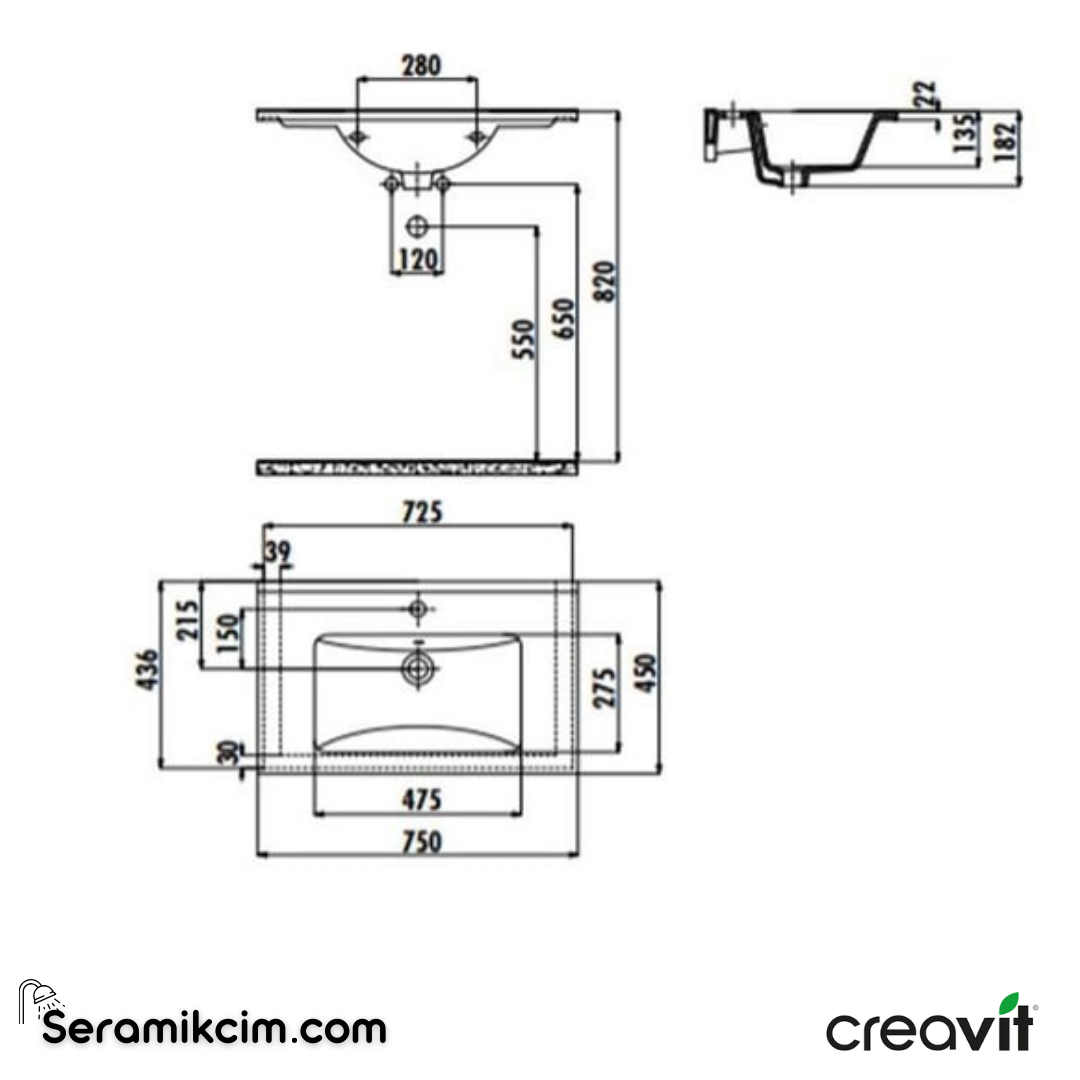 Creavit Su Etajerli Lavabo 75 cm Extra Beyaz SU075-00CB00E-0000 - SU075-00CB00E-0000