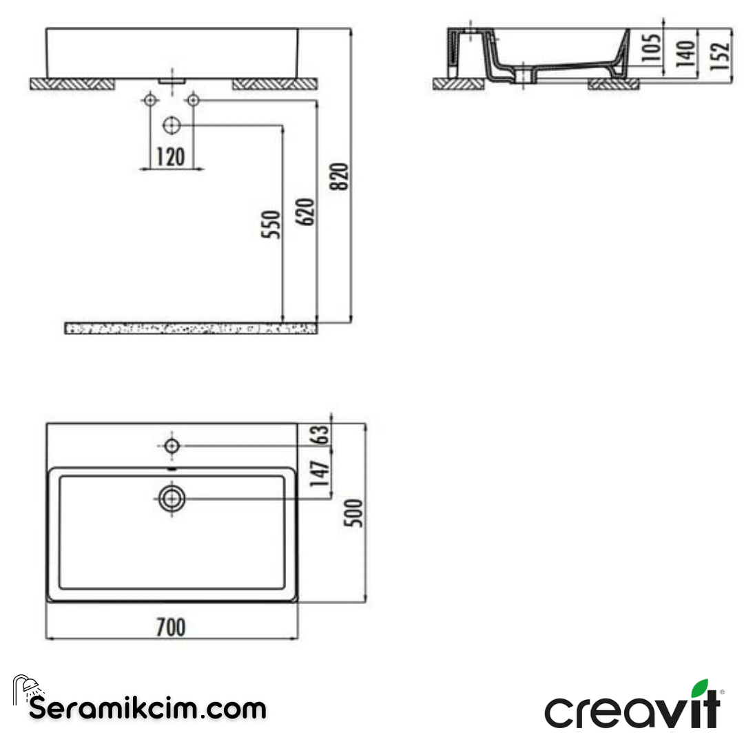 Creavit Volga 50x70cm Tezgah Üstü Düz Kare Lavabo Extra Beyaz VX270-00CB00E-0000 - VX270-00CB00E-0000