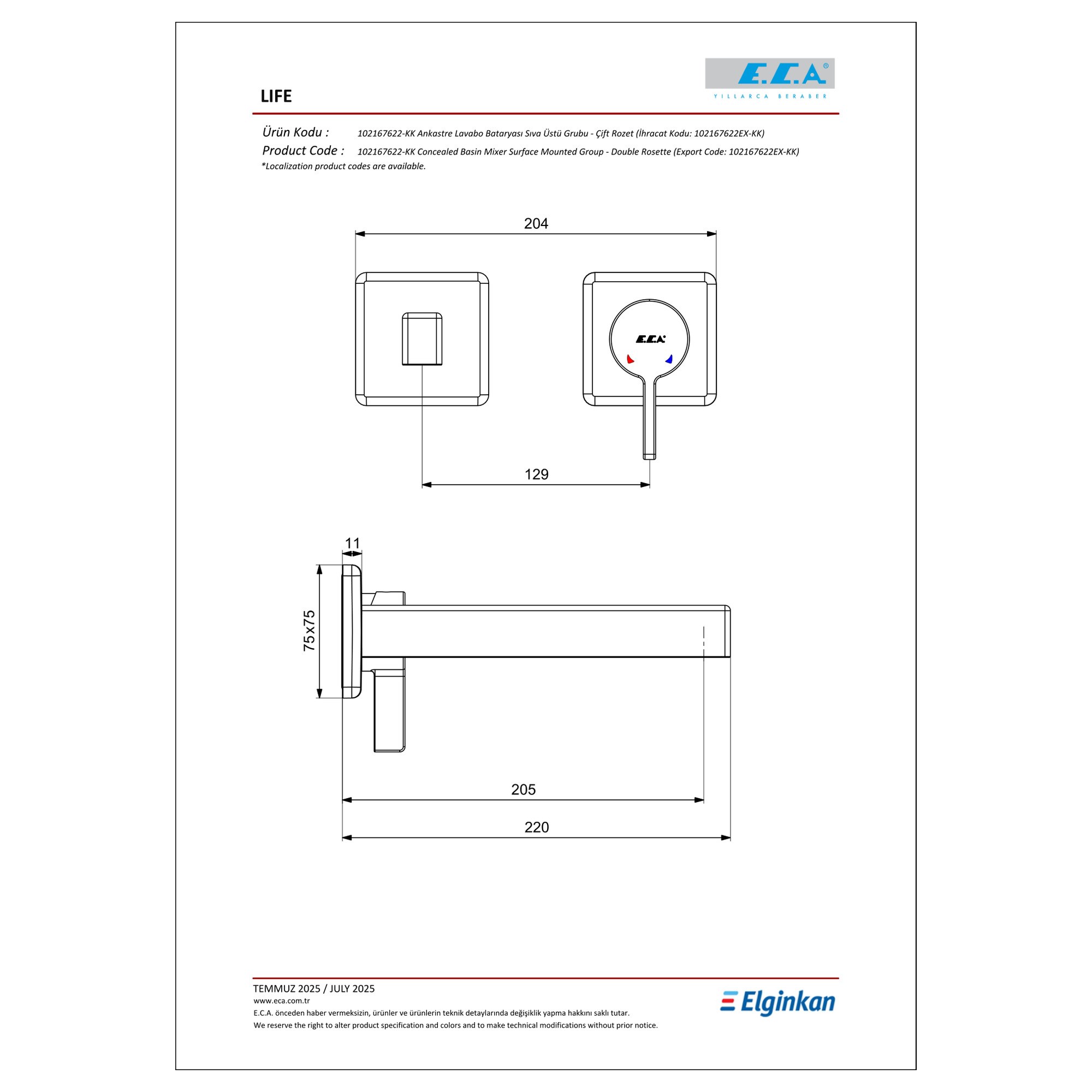 ECA Life Ankastre Lavabo Bataryası Sıva Üstü Grubu - Çift Rozet Krom 102167622-KK