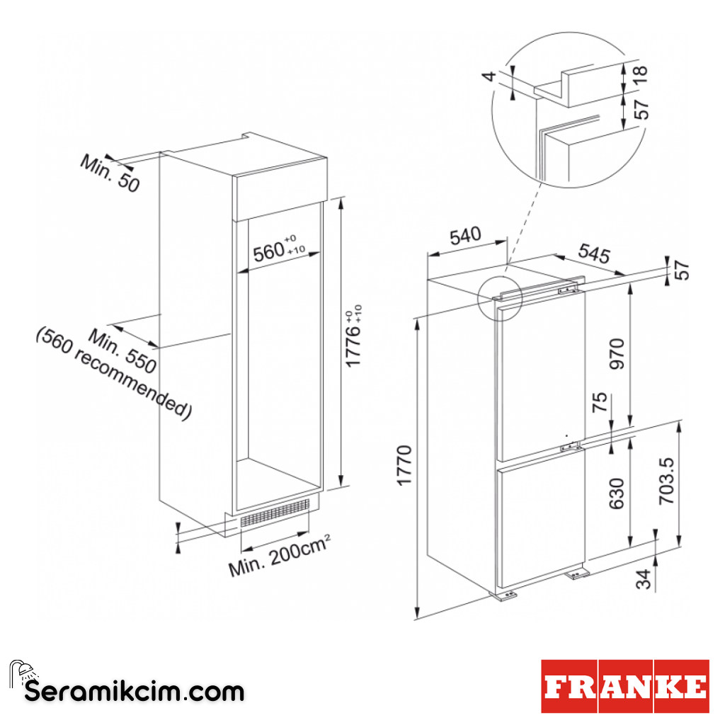 Franke FCB 320 S NE E Easy Frost 268lt Çift Kapaklı Ankastre Buzdolabı  118.0722.591 - 118.0722.591