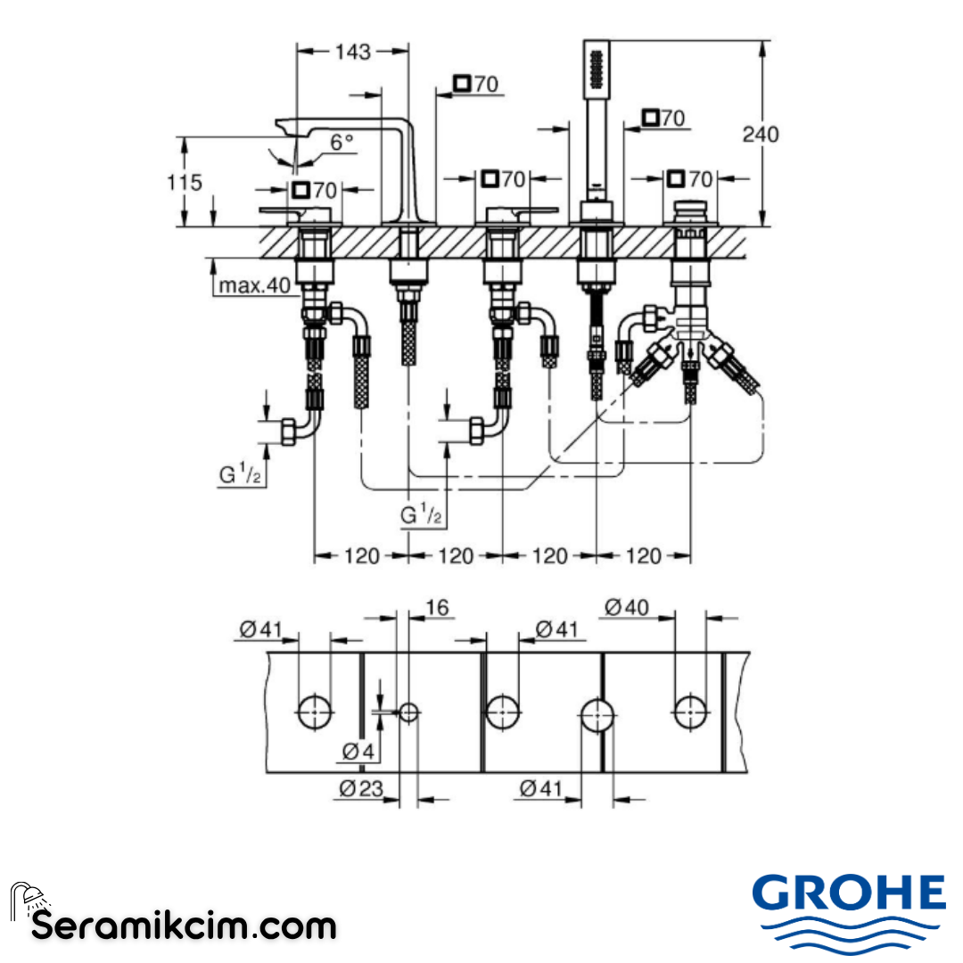 Grohe Allure 5 Delikli Küvet Bataryası, Fırçalı Bakır 25221DL1 - 25221DL1