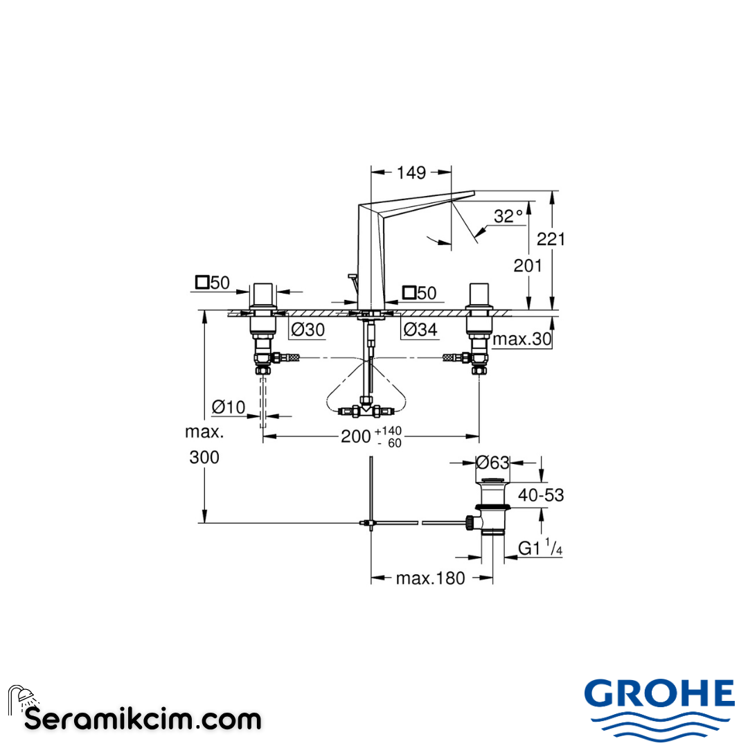 Grohe Allure Brilliant L-Boy, 3 Delikli Lavabodan Ankastre Lavabo Bataryası, Sifon Kumandalı Krom 20627000 - 20627000