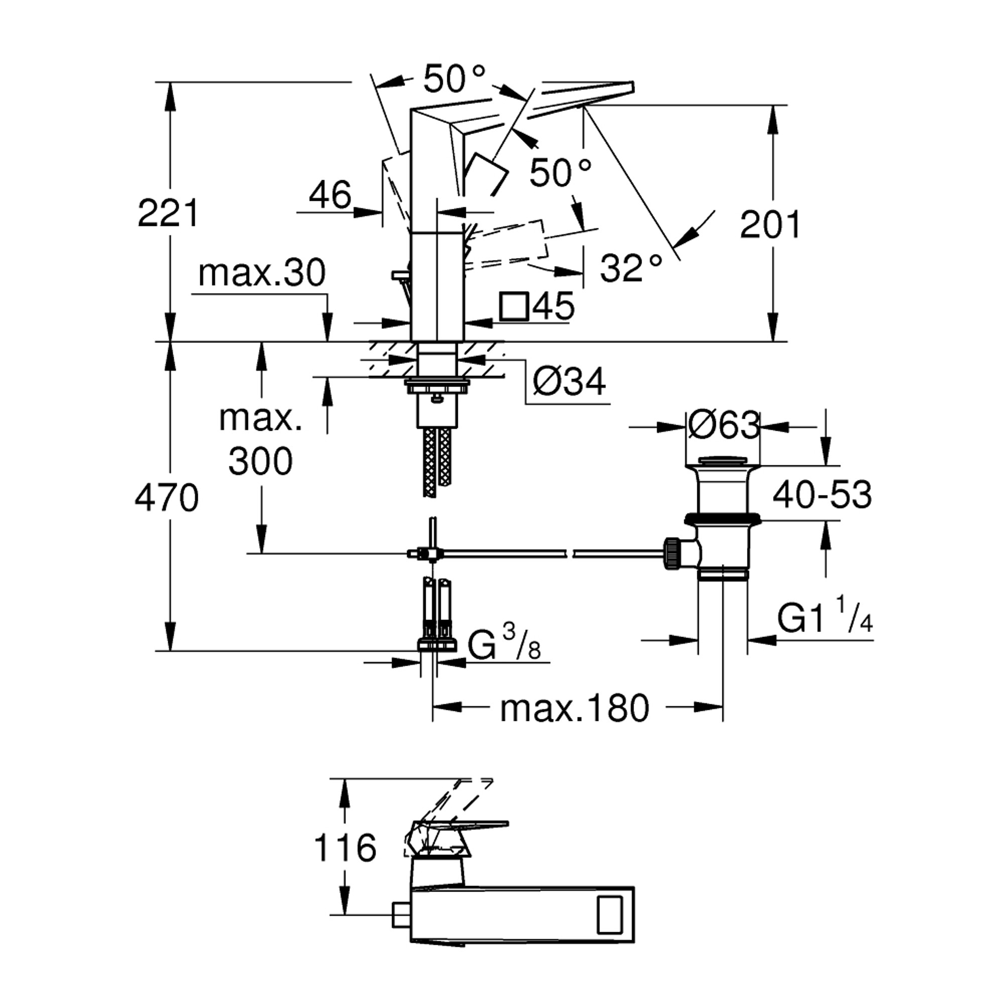 Grohe Allure Brilliant Lavabo Bataryası L Boy Fırçalı Sert Grafit 24344AL0