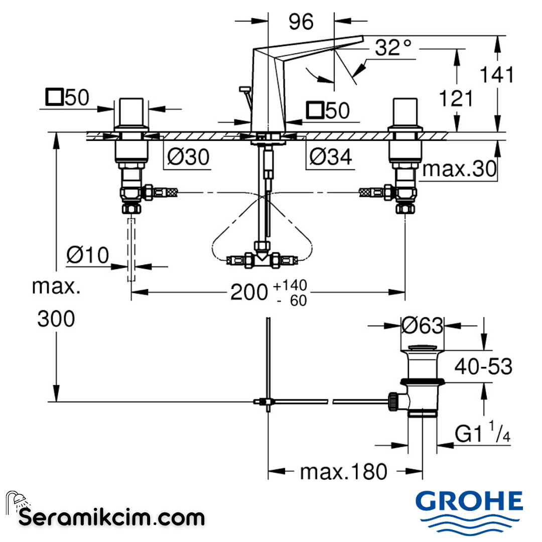 Grohe Allure Brilliant M-Boy, 3 Delikli Lavabodan Ankastre Lavabo Bataryası, Sifon Kumandalı Krom 20626000