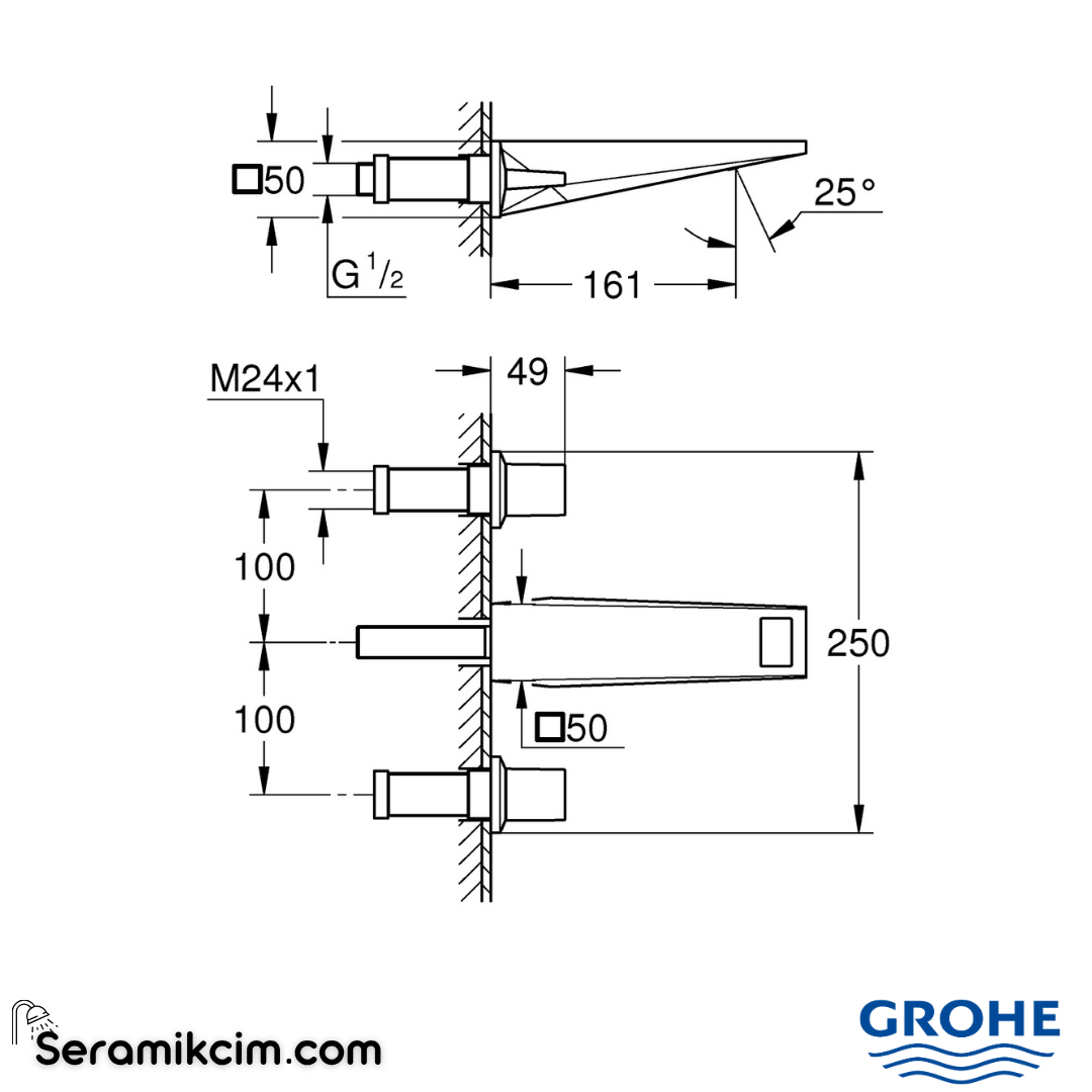 Grohe Allure Brilliant M-Boy, 3 Delikli Ankastre Lavabo Bataryası (Sıva Üstü Grubu) 20628000