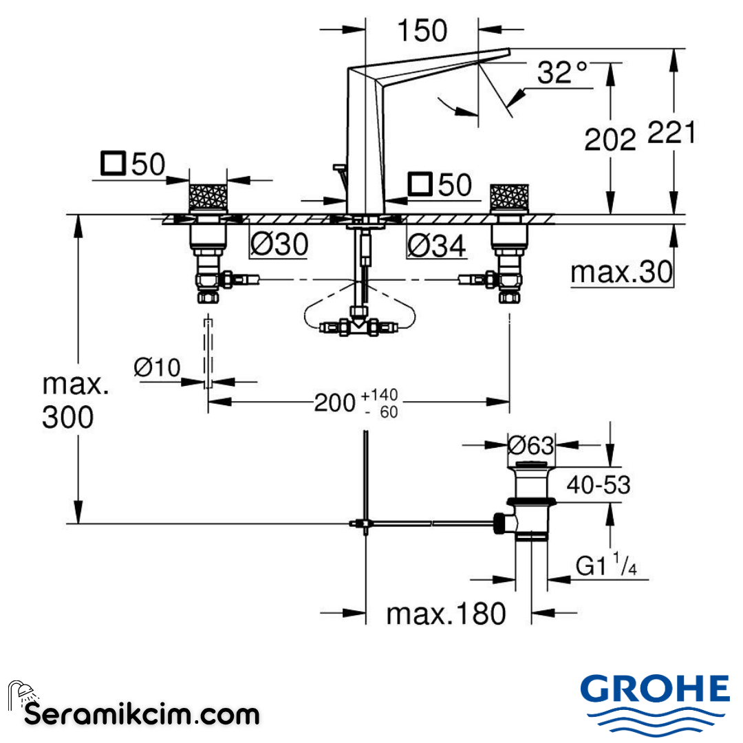 Grohe Allure Brilliant Private Collection L-Boy, 3 Delikli Lavabodan Ankastre Lavabo Bataryası, Sifon Kumandalı Krom 20670000 - 20670000