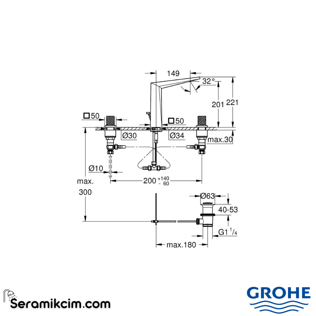 Grohe Allure Brilliant Private Collection L-Boy, 3 Delikli Lavabodan Ankastre Lavabo Bataryası, Sifon Kumandalı Krom 20667000 - 20667000