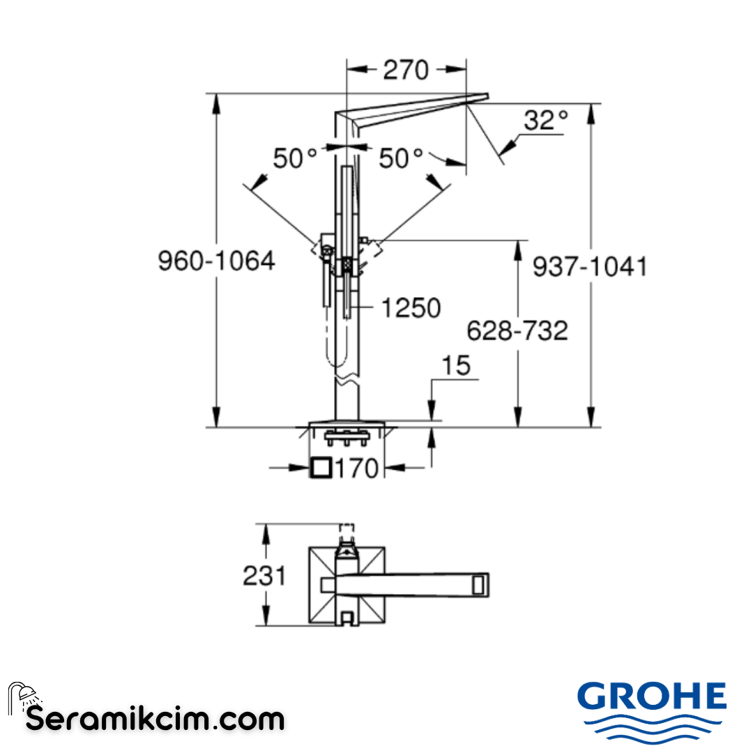 Grohe Allure Brilliant Yerden Küvet Bataryası, Fırçalı Sert Grafit 24348AL0