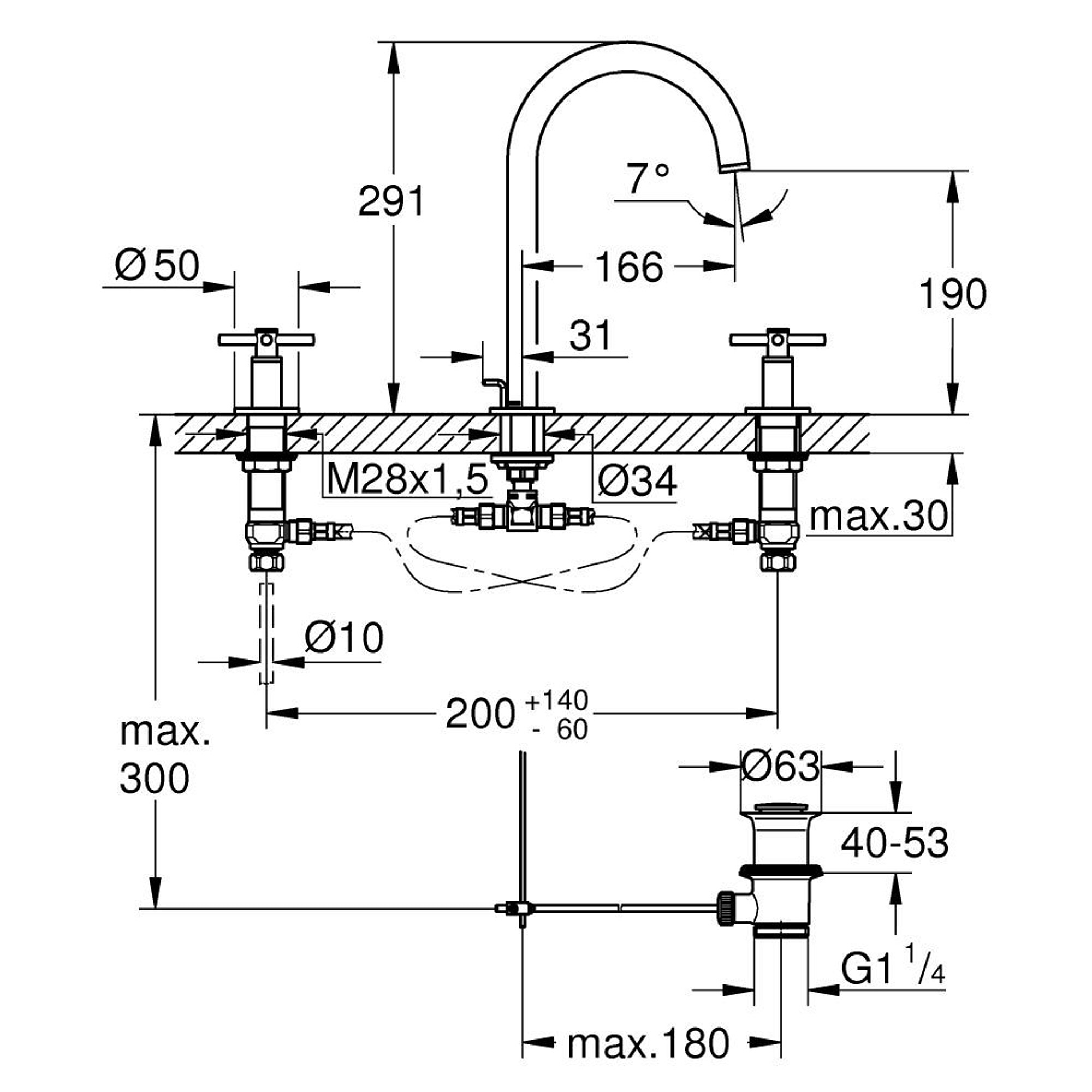 Grohe Atrio 3 Delikli Ankastre Lavabo Bataryası (4 Çubuklu Volan) L-Boy, Fırçalı Bakır 20643DL0