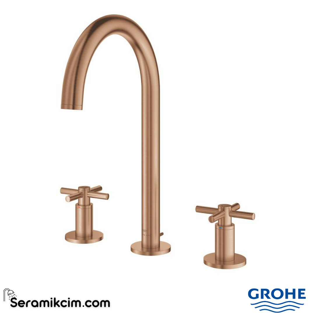 Grohe Atrio 3 Delikli Ankastre Lavabo Bataryası (4 Çubuklu Volan) L-Boy, Fırçalı Bakır 20643DL0
