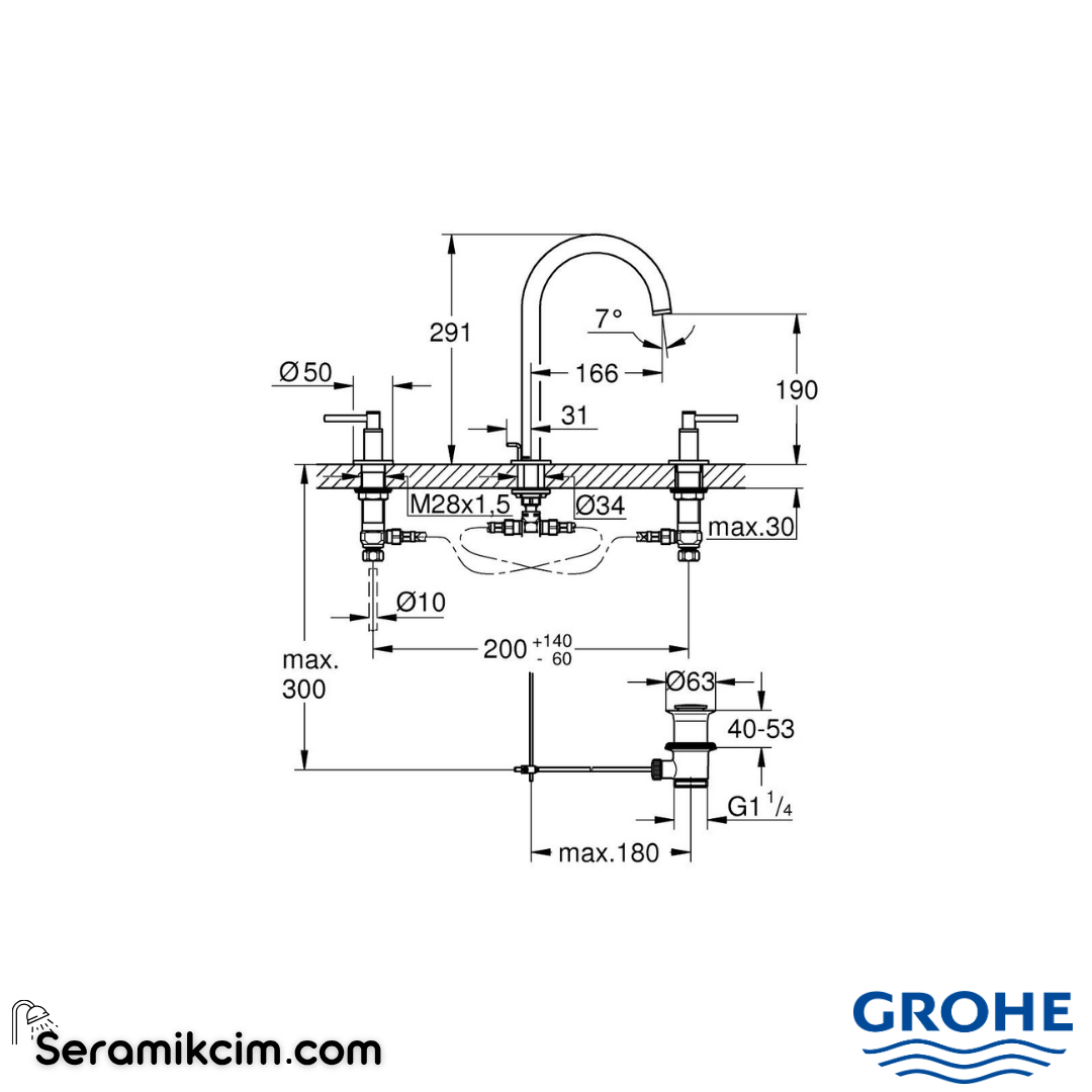 Grohe Atrio 3 Delikli Ankastre Lavabo Bataryası, Sifon Kumandalı Krom 20649000 - 20649000