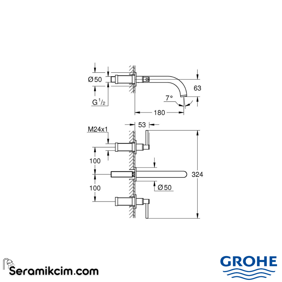 Grohe Atrio 3 Delikli Duvardan Ankastre Lavabo Bataryası (Sıva Üstü Grubu), Fırçalı Sert Grafit 20662AL0 - 20662AL0