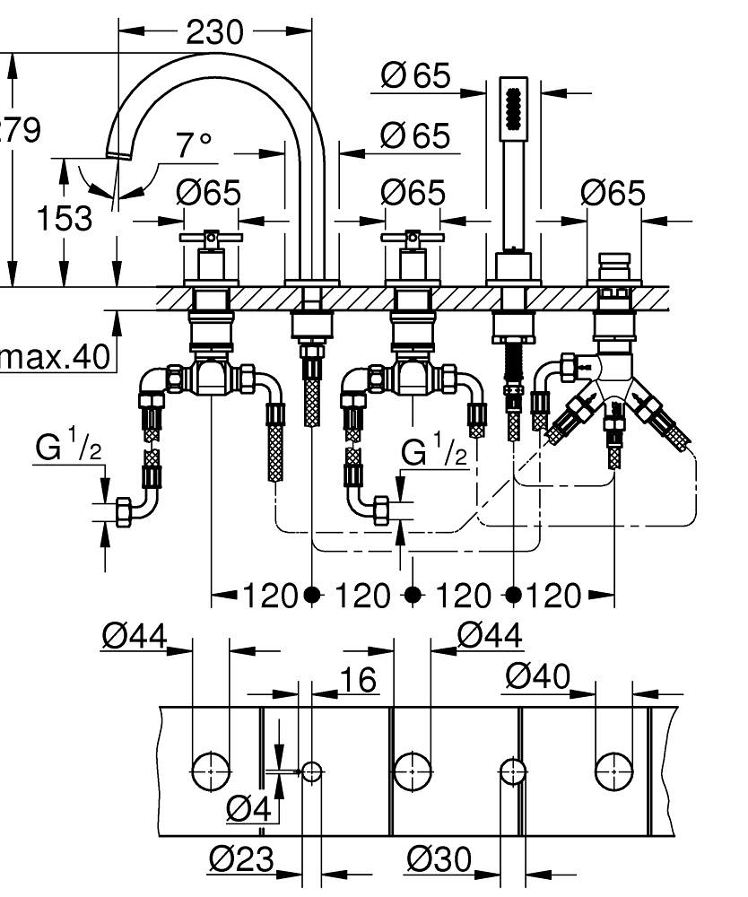 Grohe Atrio 5 Delikli Ankastre Küvet Bataryası (Sıva Üstü Grubu), Fırçalı Altın 29408GN0